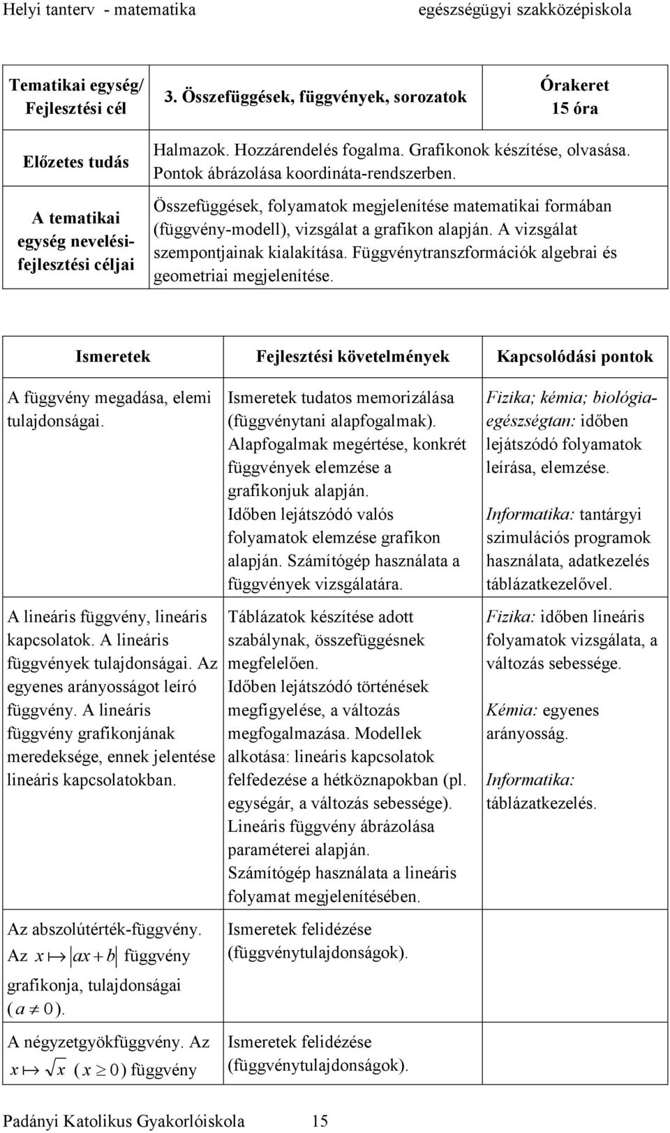 A vizsgálat szempontjainak kialakítása. Függvénytranszformációk algebrai és geometriai megjelenítése. Ismeretek Fejlesztési követelmények Kapcsolódási pontok A függvény megadása, elemi tulajdonságai.