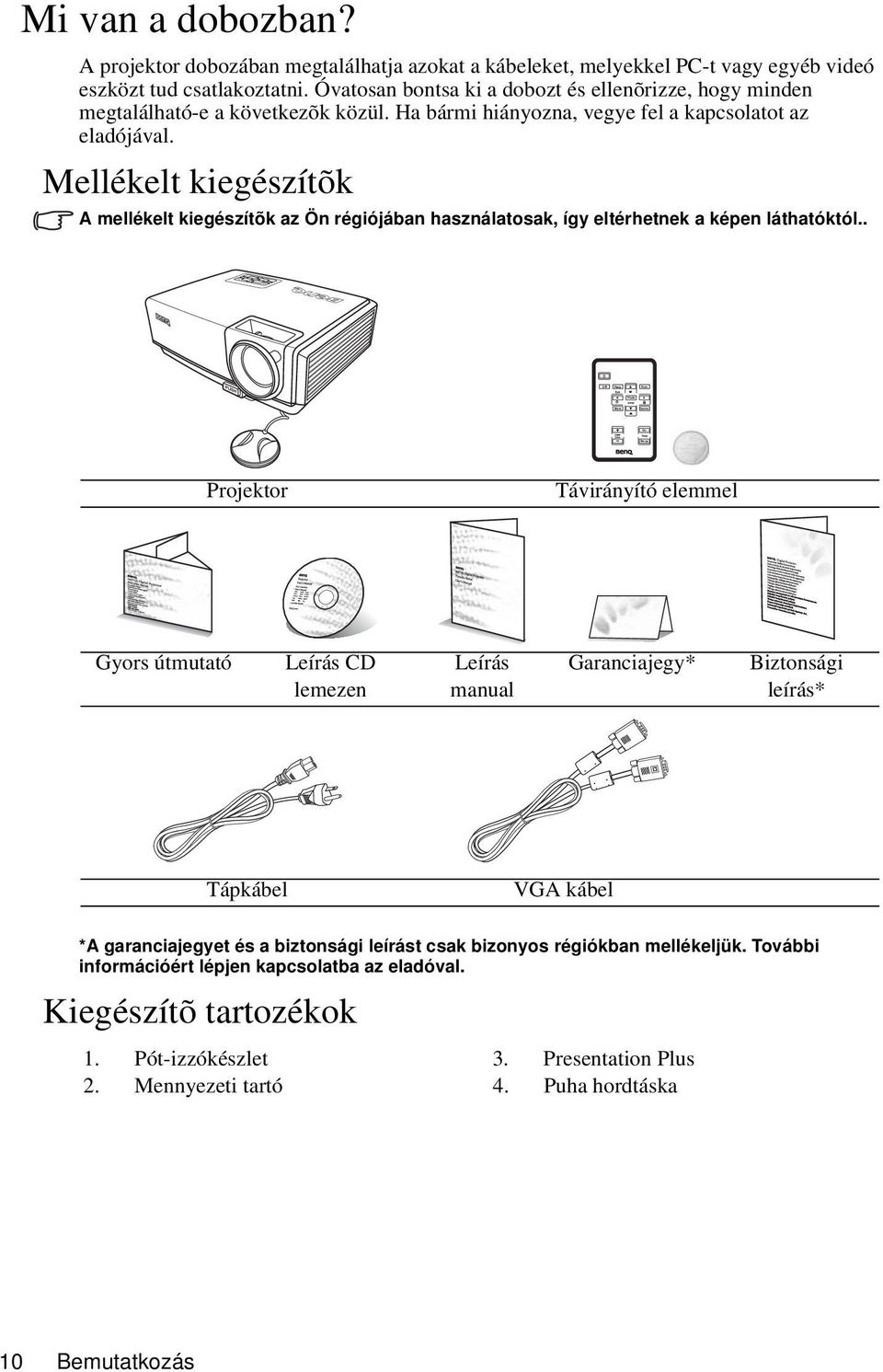 Mellékelt kiegészítõk A mellékelt kiegészítõk az Ön régiójában használatosak, így eltérhetnek a képen láthatóktól.