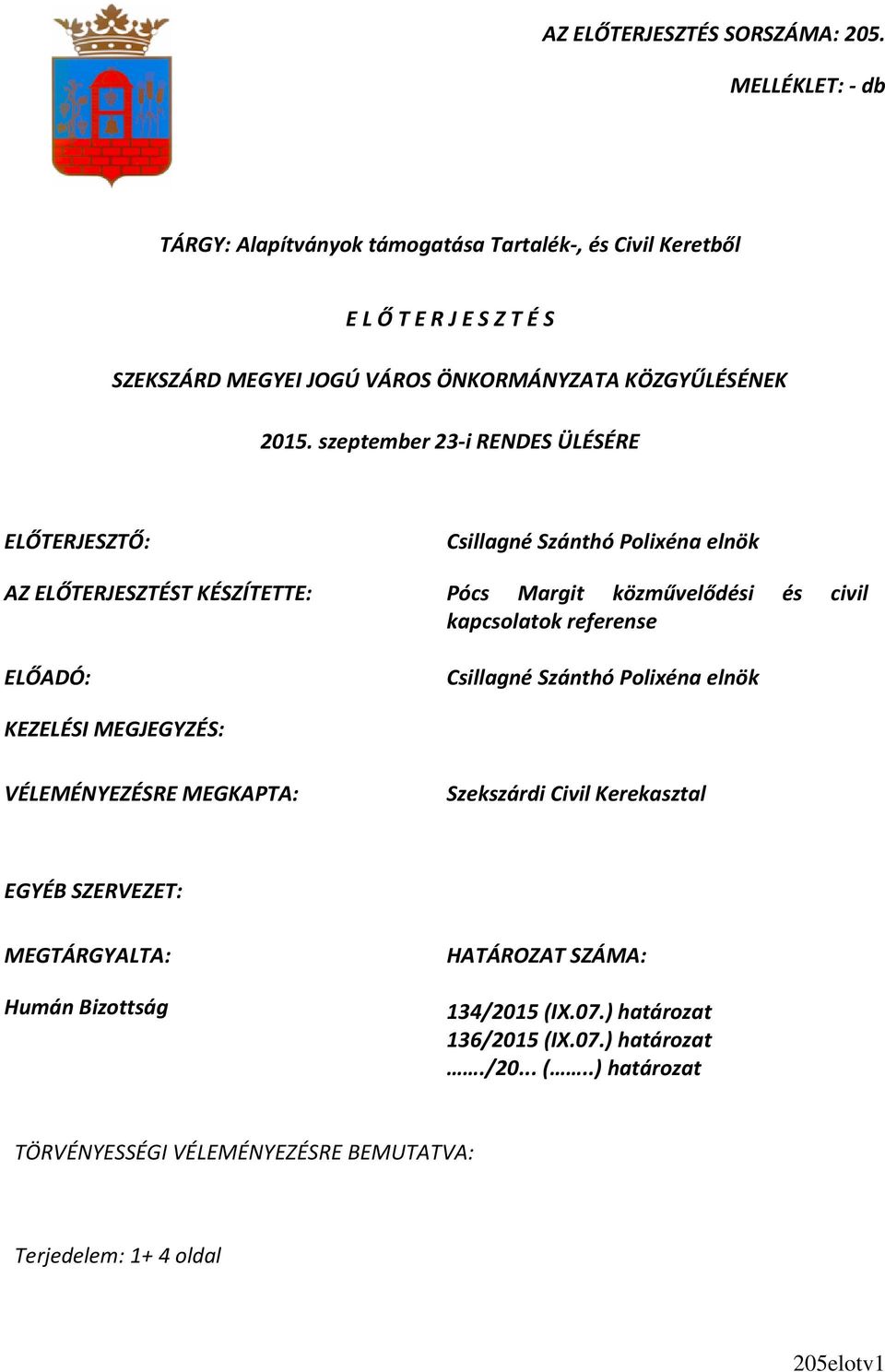 szeptember 23-i RENDES ÜLÉSÉRE ELŐTERJESZTŐ: Csillagné Szánthó Polixéna elnök AZ ELŐTERJESZTÉST KÉSZÍTETTE: Pócs Margit közművelődési és civil kapcsolatok referense