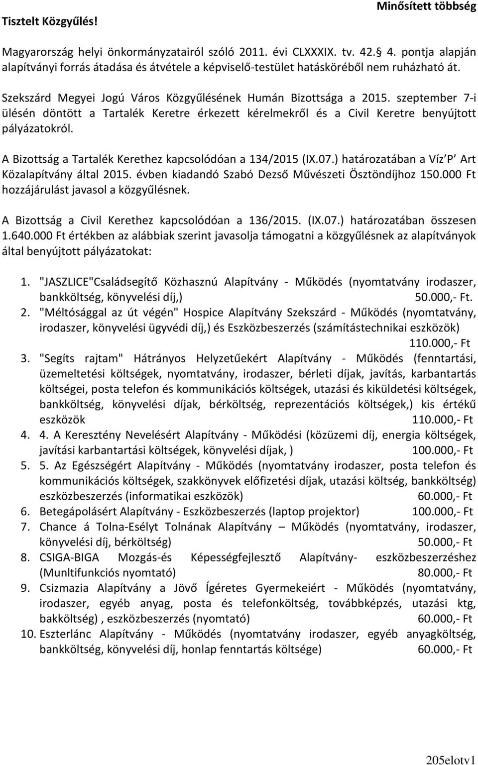 szeptember 7-i ülésén döntött a Tartalék Keretre érkezett kérelmekről és a Civil Keretre benyújtott pályázatokról. A Bizottság a Tartalék Kerethez kapcsolódóan a 134/2015 (IX.07.