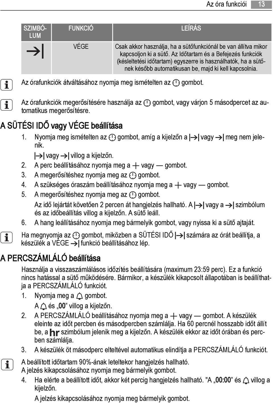 Az Időtartam és a Befejezés funkciók (késleltetési időtartam) egyszerre is használhatók, ha a sütőnek később automatikusan be, majd ki kell kapcsolnia. gombot. A SÜTÉSI IDŐ vagy VÉGE beállítása 1.