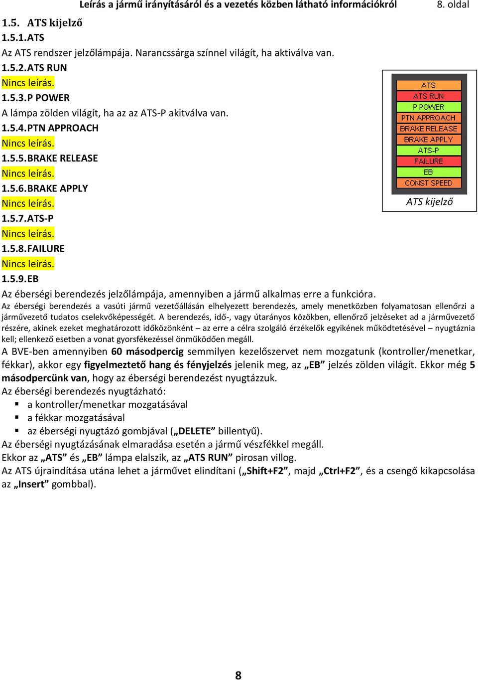 ATS kijelző 1.5.7. ATS-P Nincs leírás. 1.5.8. FAILURE Nincs leírás. 1.5.9. EB Az éberségi berendezés jelzőlámpája, amennyiben a jármű alkalmas erre a funkcióra.