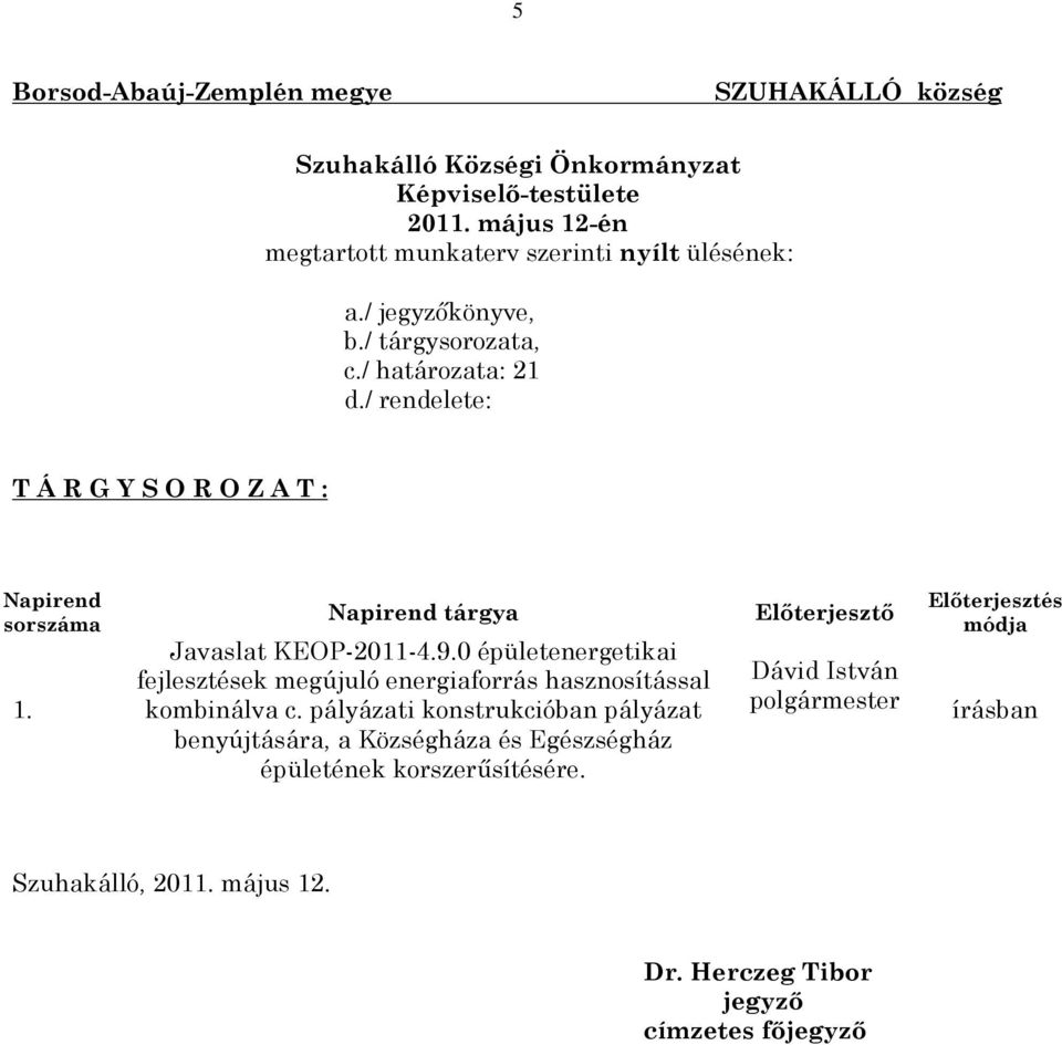 / rendelete: T Á R G Y S O R O Z A T : Napirend sorszáma 1. Napirend tárgya Javaslat KEOP-2011-4.9.