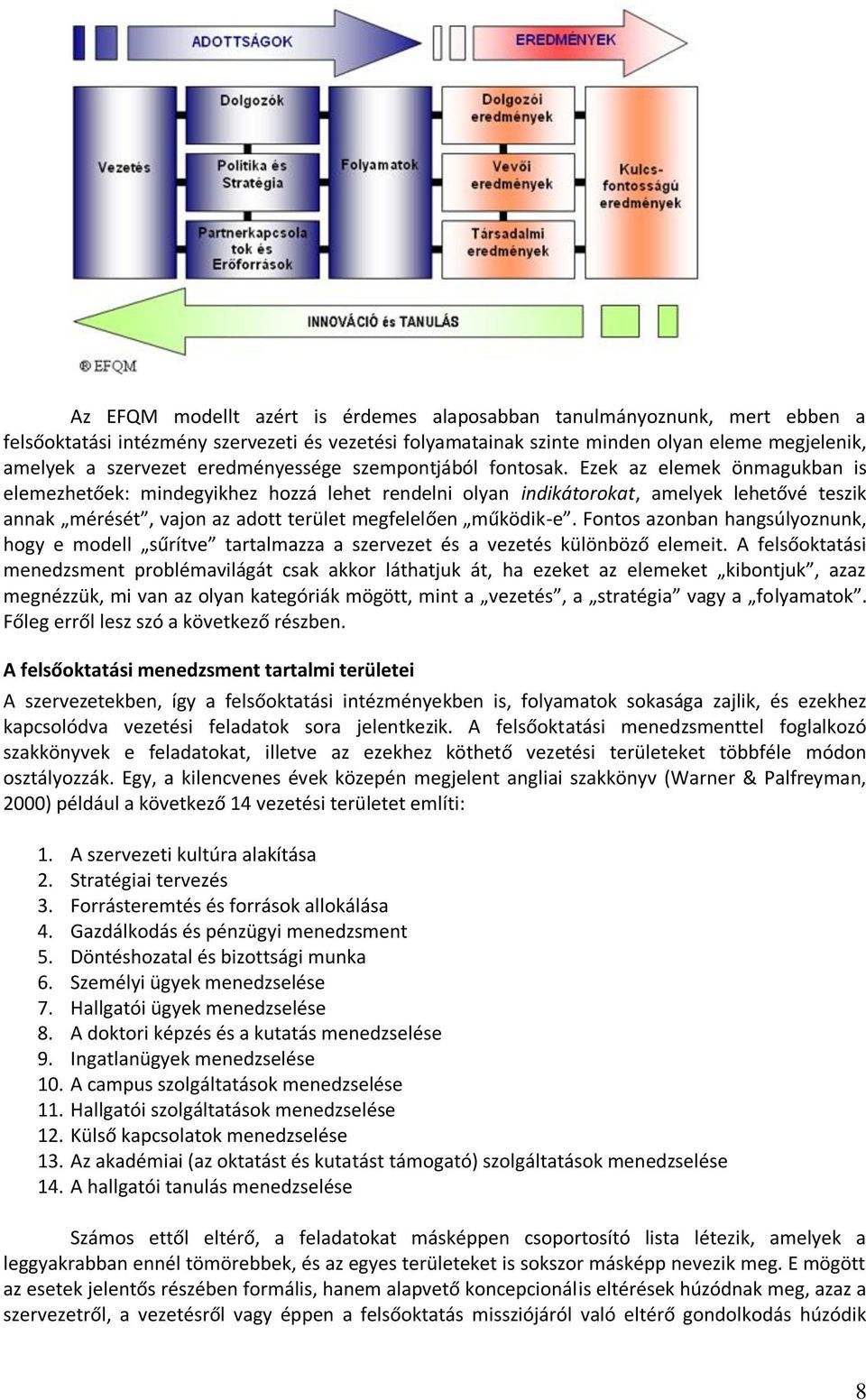 Ezek az elemek önmagukban is elemezhetőek: mindegyikhez hozzá lehet rendelni olyan indikátorokat, amelyek lehetővé teszik annak mérését, vajon az adott terület megfelelően működik-e.