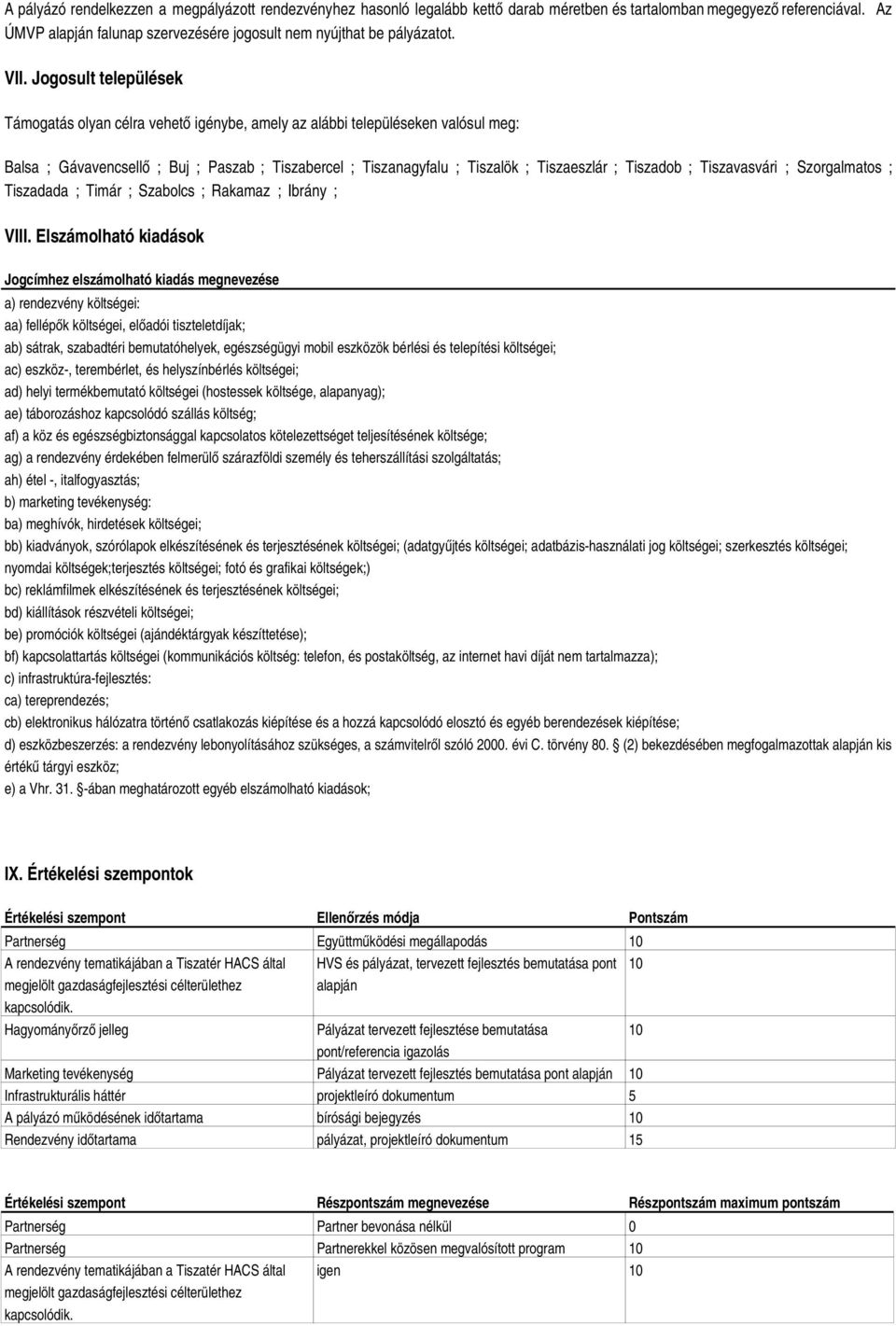 Jogosult települések Támogatás olyan célra vehető igénybe, amely az alábbi településeken valósul meg: Balsa ; Gávavencsellő ; Buj ; Paszab ; Tiszabercel ; Tiszanagyfalu ; Tiszalök ; Tiszaeszlár ;