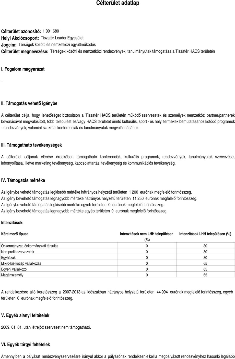 Támogatás vehető igénybe A célterület célja, hogy lehetőséget biztosítson a Tiszatér HACS területén működő szervezetek és személyek nemzetközi partner/partnerek bevonásával megvalósított, több