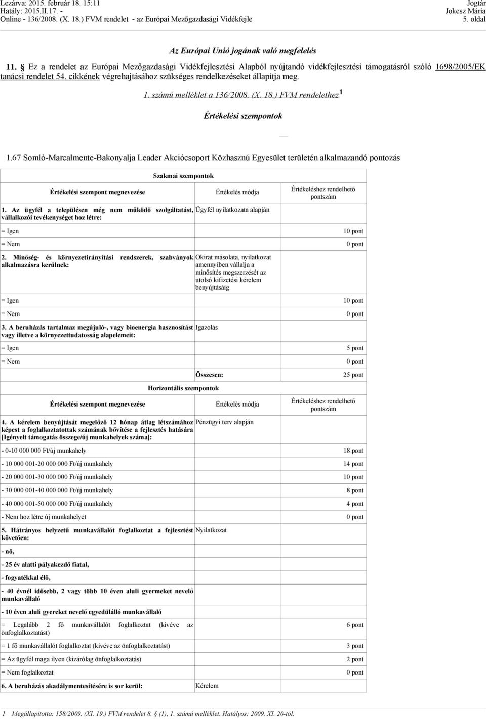 67 Somló-Marcalmente-Bakonyalja Leader Akciócsoport Közhasznú Egyesület területén alkalmazandó pontozás Értékelési szempont megnevezése Szakmai szempontok Értékelés módja 1.