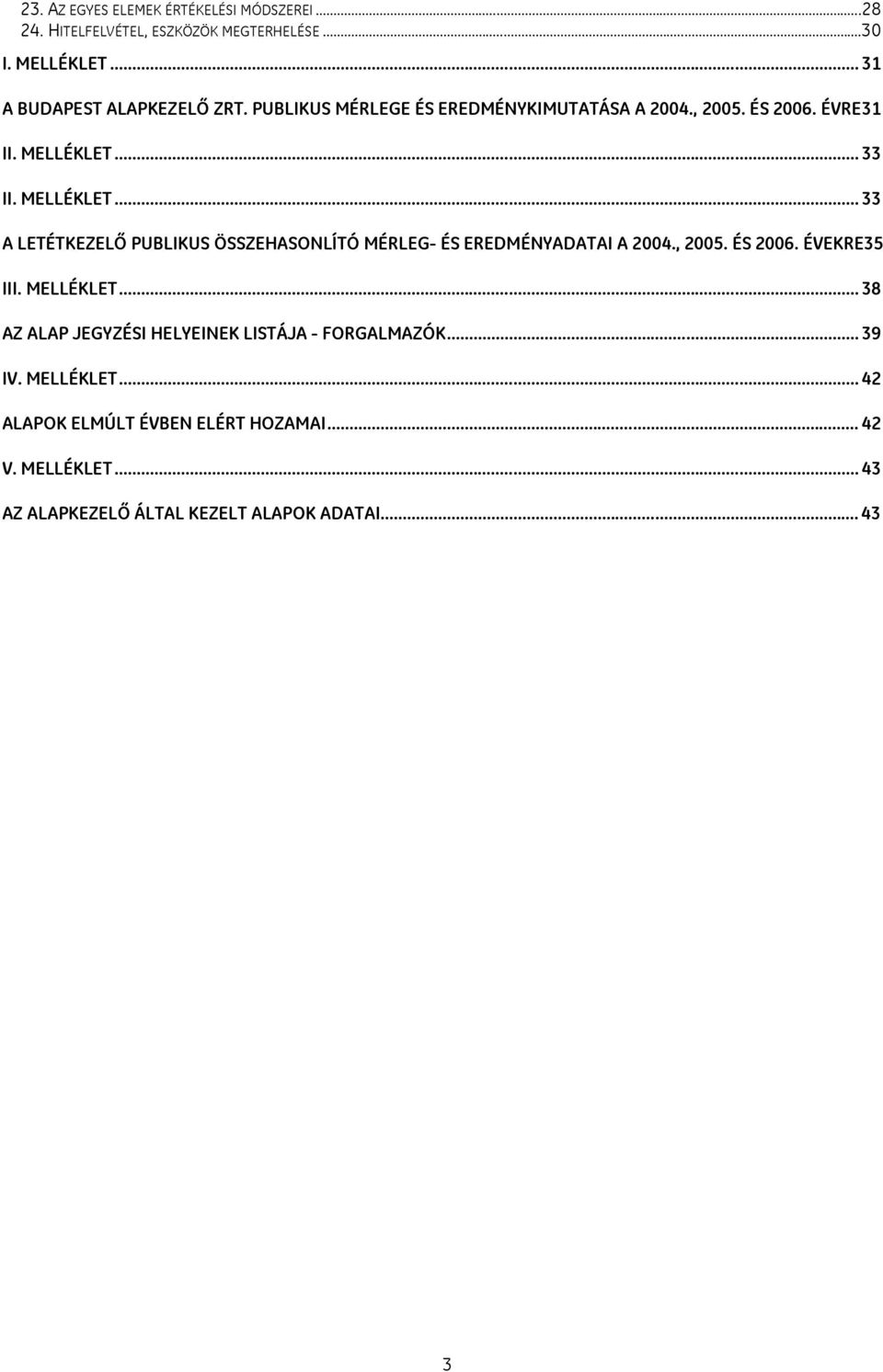 .. 33 II. MELLÉKLET... 33 A LETÉTKEZELŐ PUBLIKUS ÖSSZEHASONLÍTÓ MÉRLEG- ÉS EREDMÉNYADATAI A 2004., 2005. ÉS 2006. ÉVEKRE35 III.
