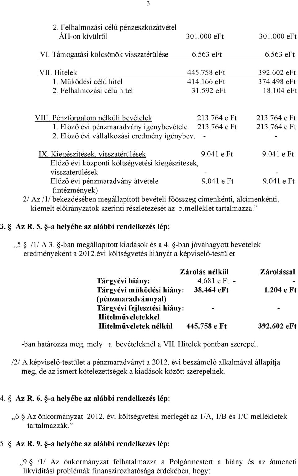 Előző évi pénzmaradvány igénybevétele 213.764 e Ft 213.764 e Ft 2. Előző évi vállalkozási eredmény igénybev. - - IX. Kiegészítések, visszatérülések 9.041 e Ft 9.