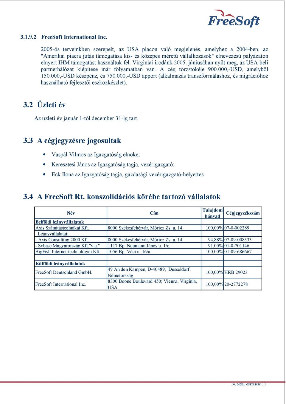 támogatást használtuk fel. Virginiai irodánk 2005. júniusában nyílt meg, az USA-beli partnerhálózat kiépítése már folyamatban van. A cég törzst kéje 900.000,-USD, amelyb l 150.