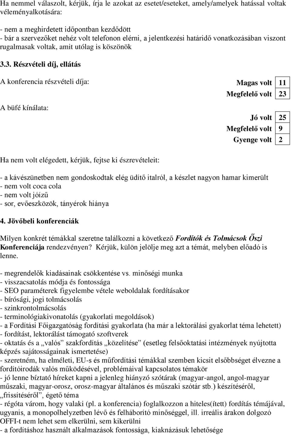 3. Részvételi díj, ellátás A konferencia részvételi díja: A büfé kínálata: Magas volt 11 Megfelelő volt 23 Jó volt 25 Megfelelő volt 9 Gyenge volt 2 Ha nem volt elégedett, kérjük, fejtse ki