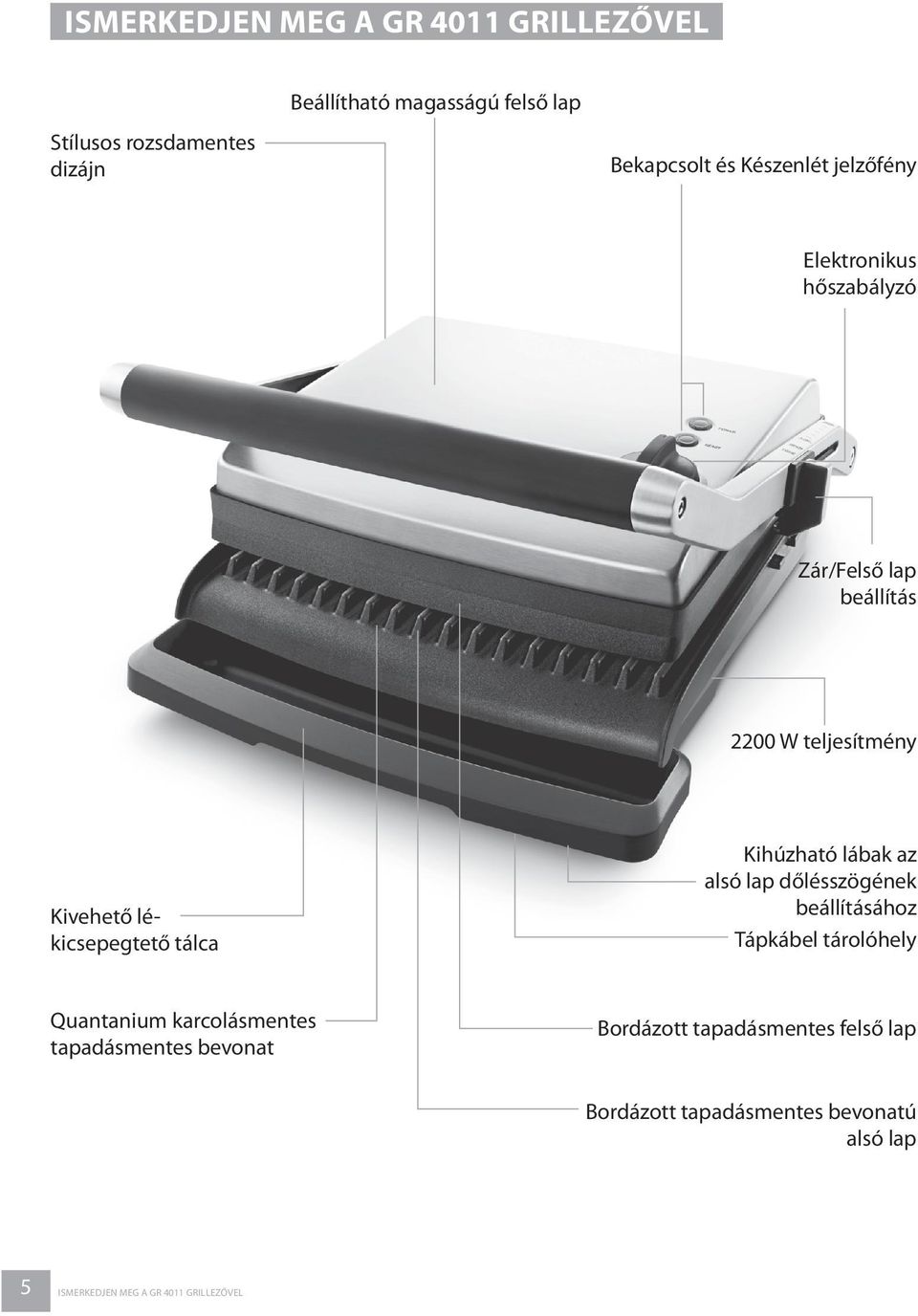 tálca Kihúzható lábak az alsó lap dőlésszögének beállításához Tápkábel tárolóhely Quantanium karcolásmentes