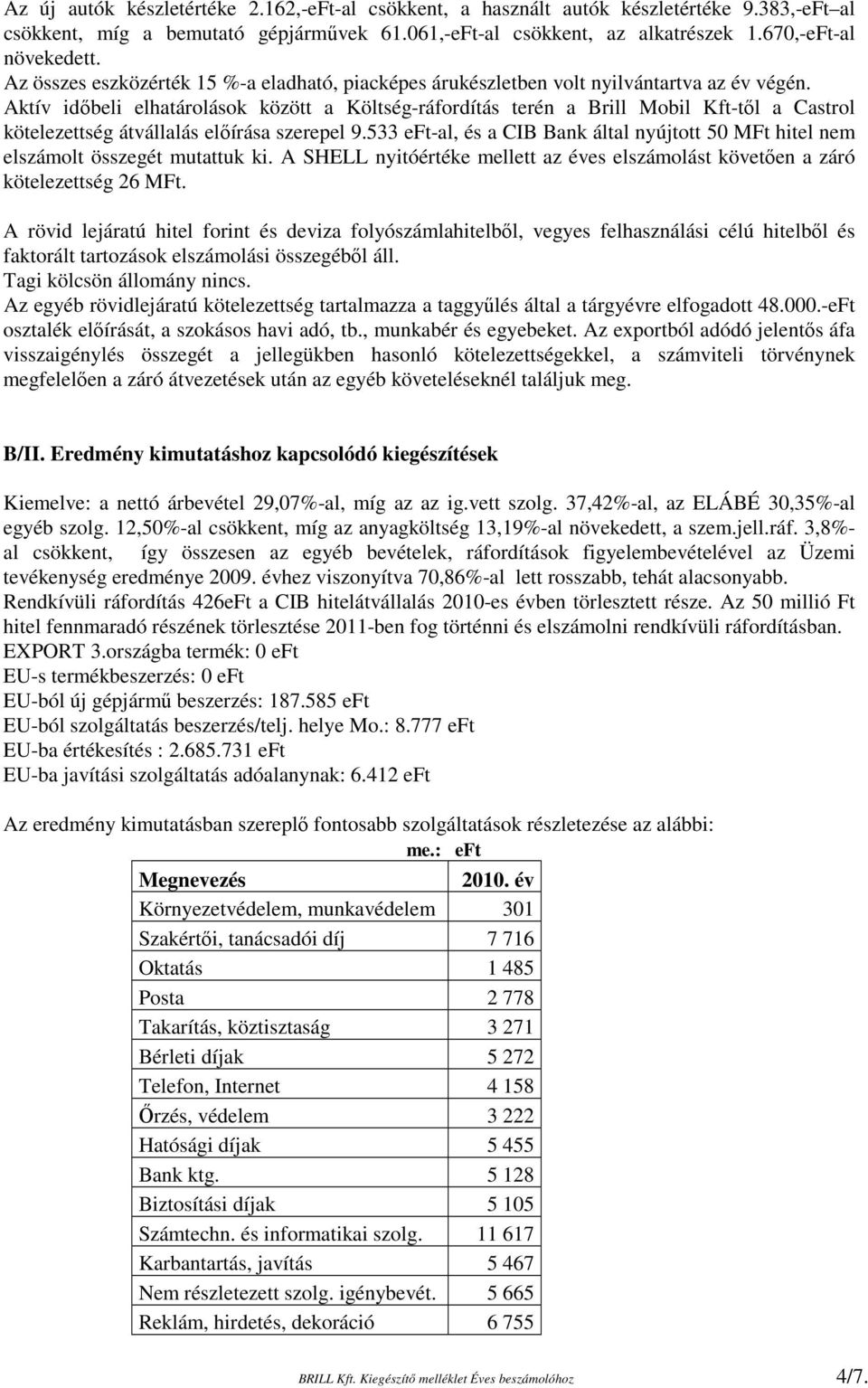 Aktív időbeli elhatárolások között a Költség-ráfordítás terén a Brill Mobil Kft-től a Castrol kötelezettség átvállalás előírása szerepel 9.