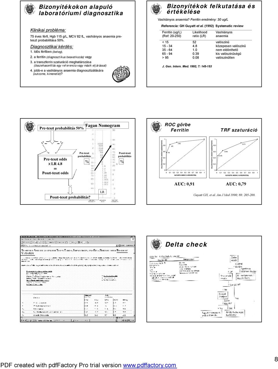 jobb-e a vashiányos anaemia diagnosztizálásáa (outcome, kimenetel)? Bizonyítékok felkutatása és étékelése Vashiányos anaemia? Feitin eedmény: 30 ug/l Refeencia: GH Guyatt et al.