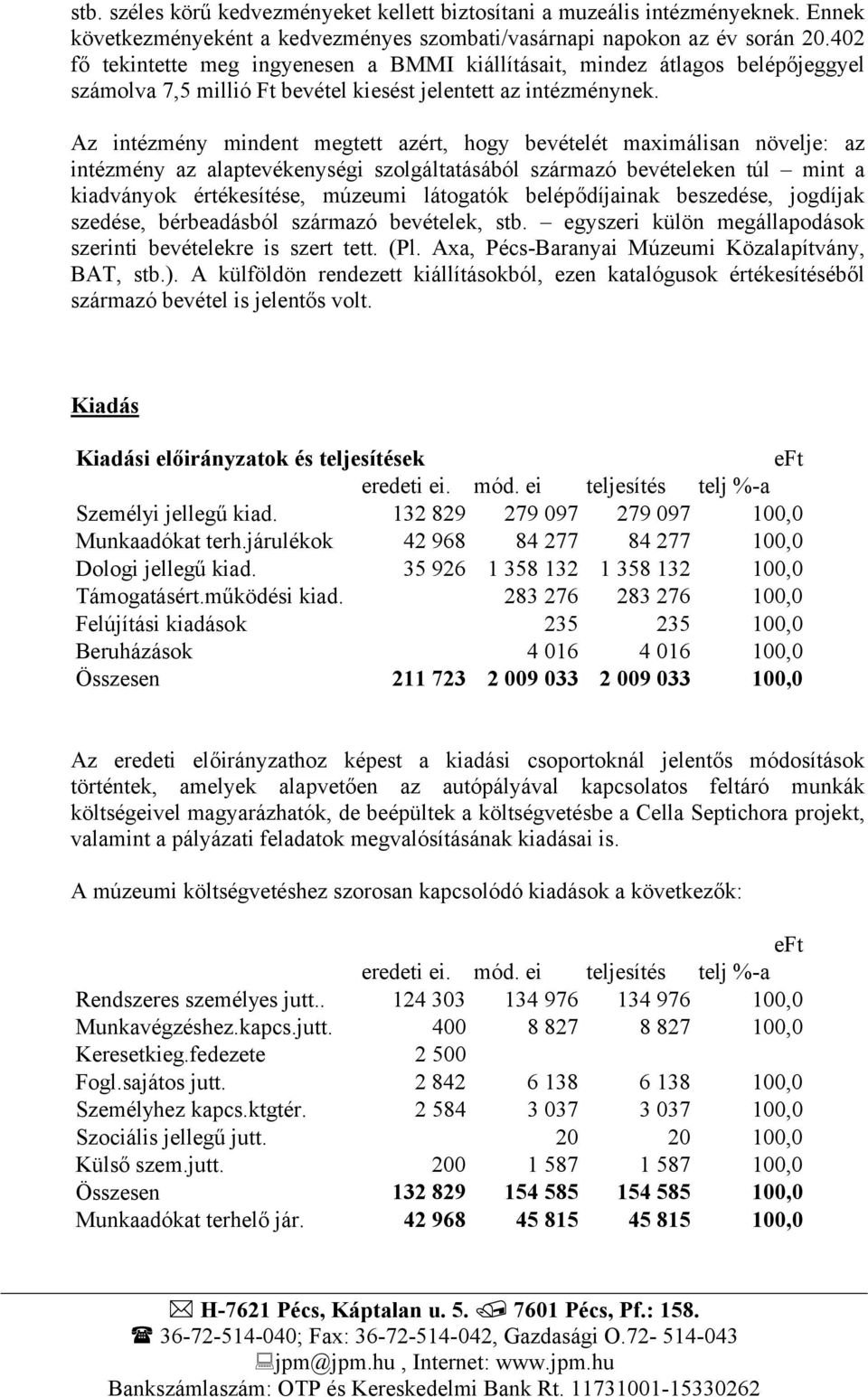 Az intézmény mindent megtett azért, hogy bevételét maximálisan növelje: az intézmény az alaptevékenységi szolgáltatásából származó bevételeken túl mint a kiadványok értékesítése, múzeumi látogatók