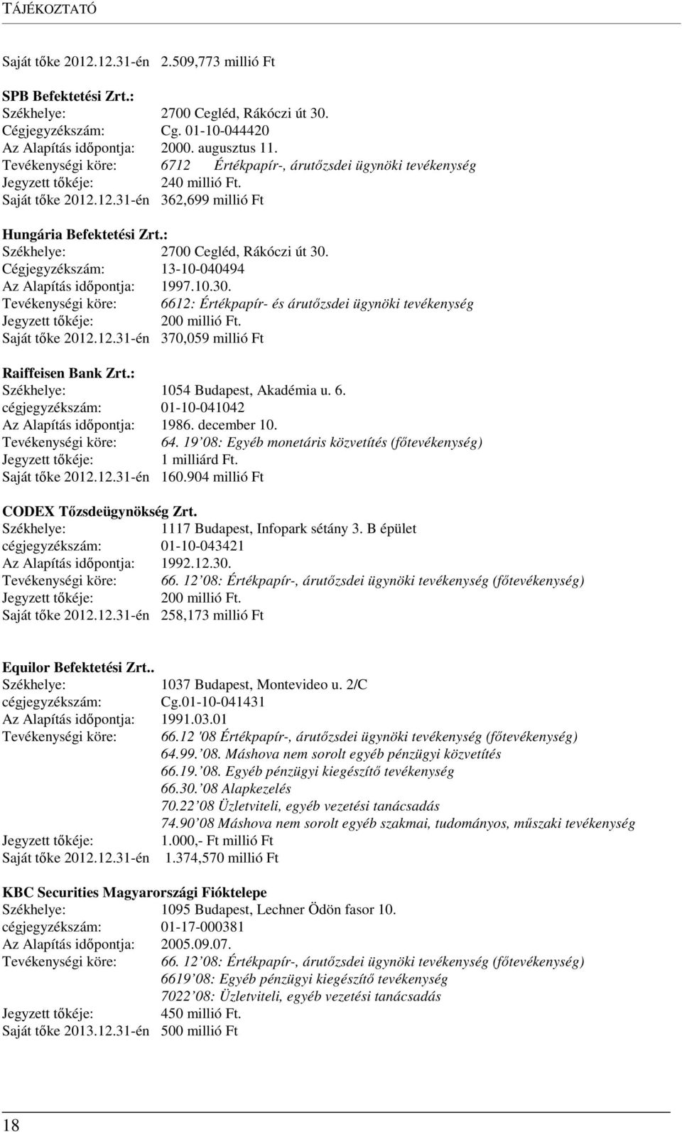 : Székhelye: 2700 Cegléd, Rákóczi út 30. Cégjegyzékszám: 13-10-040494 Az Alapítás időpontja: 1997.10.30. Tevékenységi köre: 6612: Értékpapír- és árutőzsdei ügynöki tevékenység Jegyzett tőkéje: 200 millió Ft.