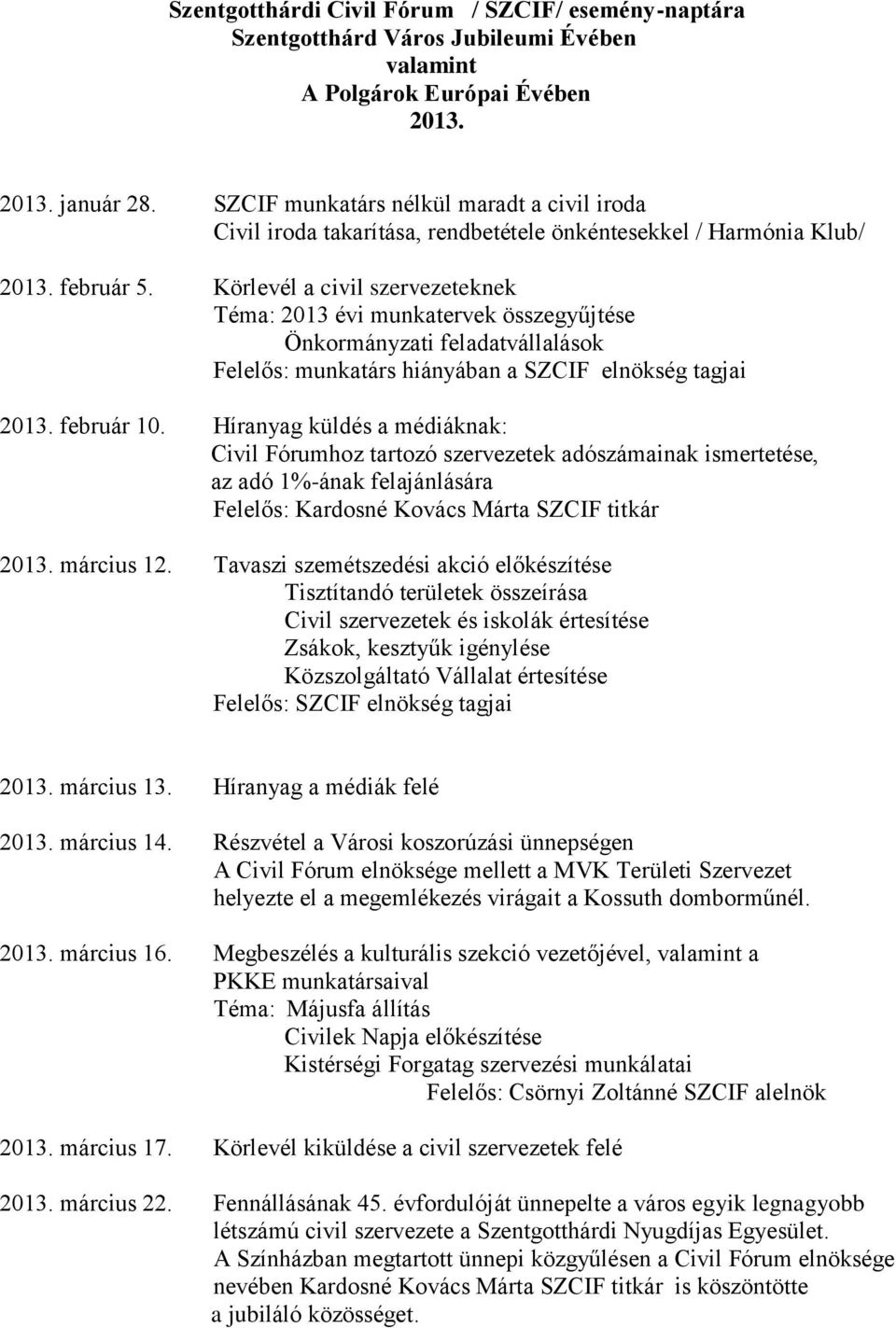 Körlevél a civil szervezeteknek Téma: 2013 évi munkatervek összegyűjtése Önkormányzati feladatvállalások Felelős: munkatárs hiányában a SZCIF elnökség tagjai 2013. február 10.