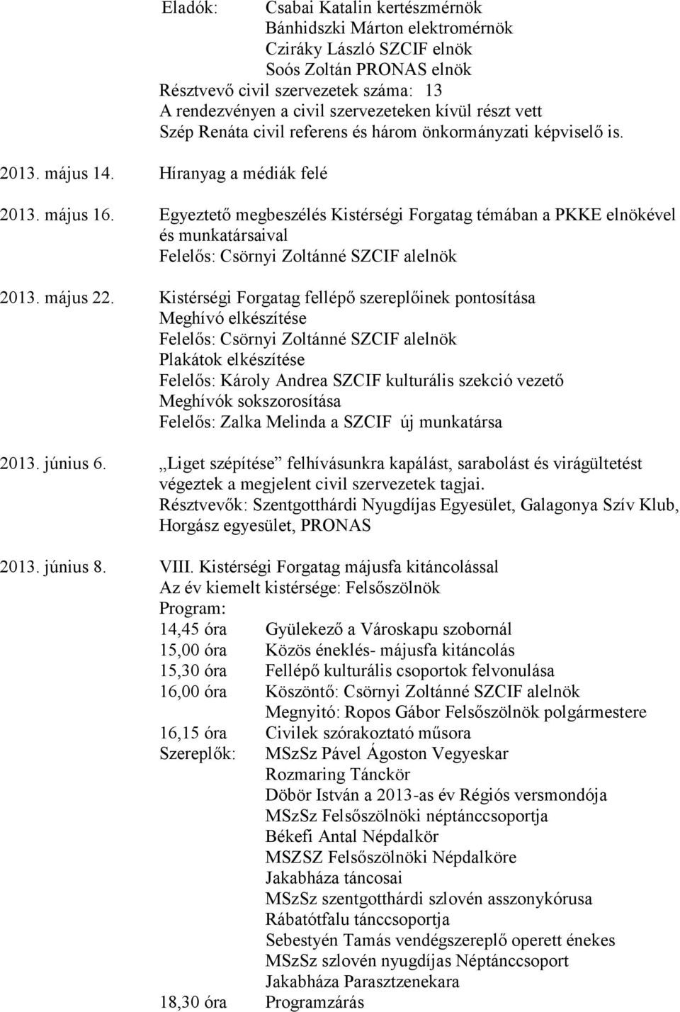 Egyeztető megbeszélés Kistérségi Forgatag témában a PKKE elnökével és munkatársaival Felelős: Csörnyi Zoltánné SZCIF alelnök 2013. május 22.