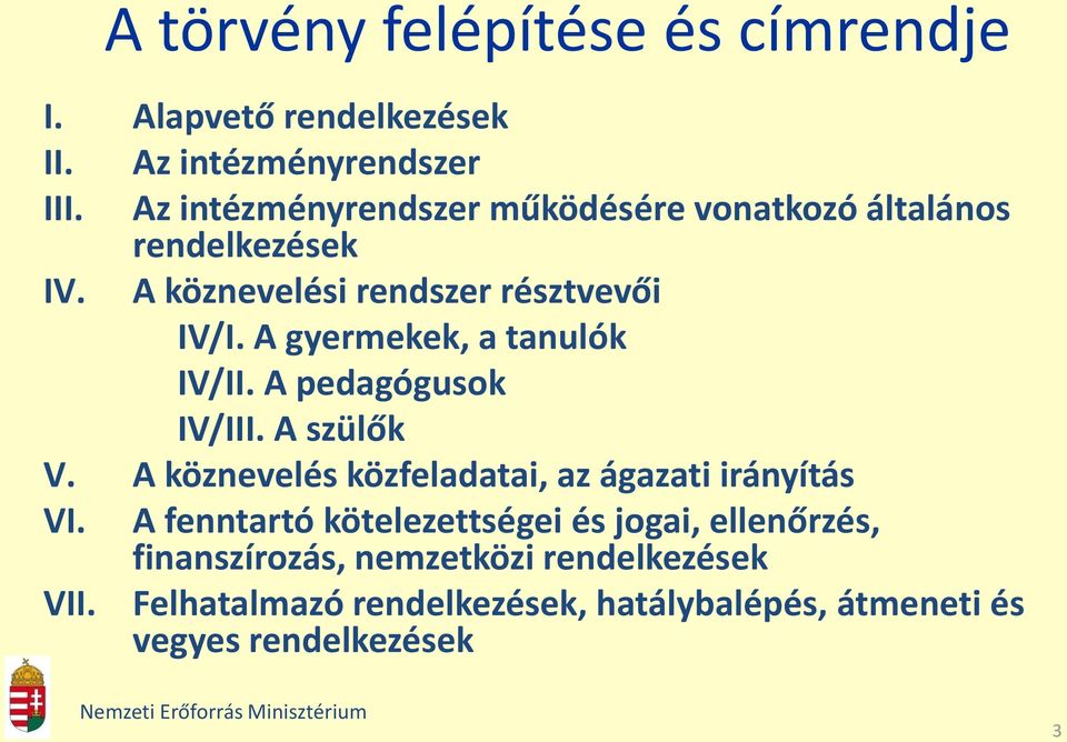 A gyermekek, a tanulók IV/II. A pedagógusok IV/III. A szülők V. A köznevelés közfeladatai, az ágazati irányítás VI.