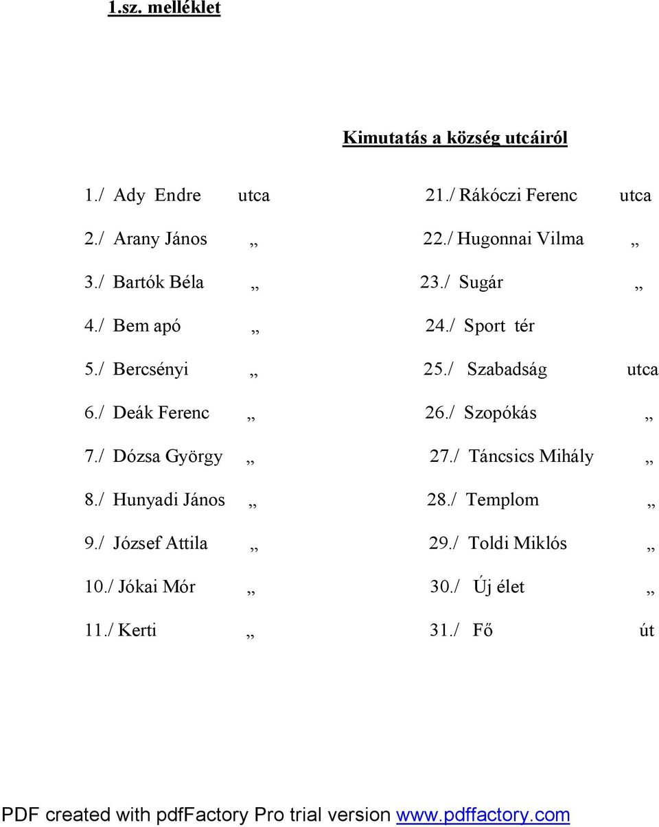 / Bercsényi 25./ Szabadság utca 6./ Deák Ferenc 26./ Szopókás 7./ Dózsa György 27.