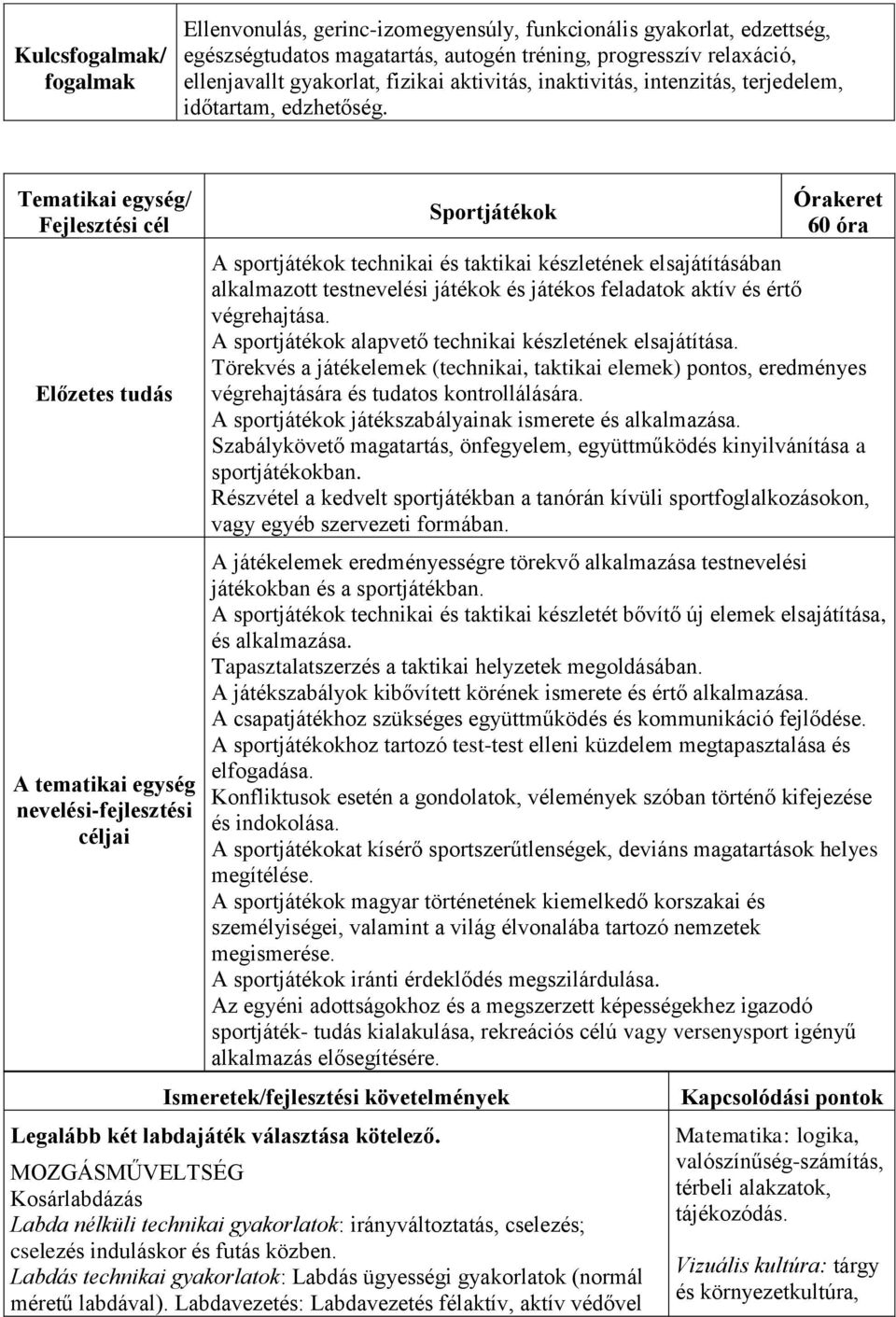 Tematikai egység/ Fejlesztési cél Előzetes tudás A tematikai egység nevelési-fejlesztési céljai Sportjátékok Órakeret 60 óra A sportjátékok technikai és taktikai készletének elsajátításában