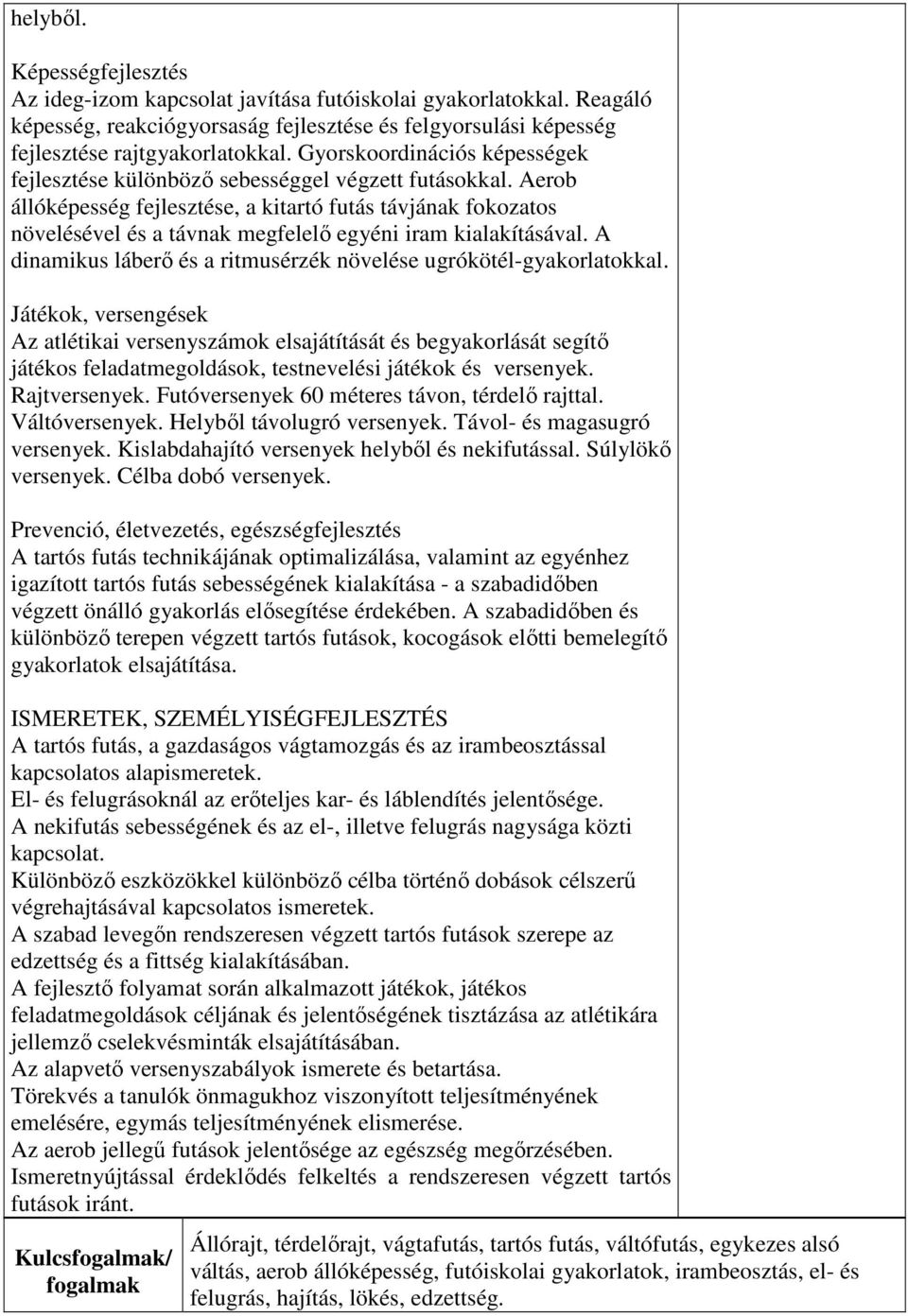 Aerob állóképesség fejlesztése, a kitartó futás távjának fokozatos növelésével és a távnak megfelelő egyéni iram kialakításával. A dinamikus láberő és a ritmusérzék növelése ugrókötél-gyakorlatokkal.