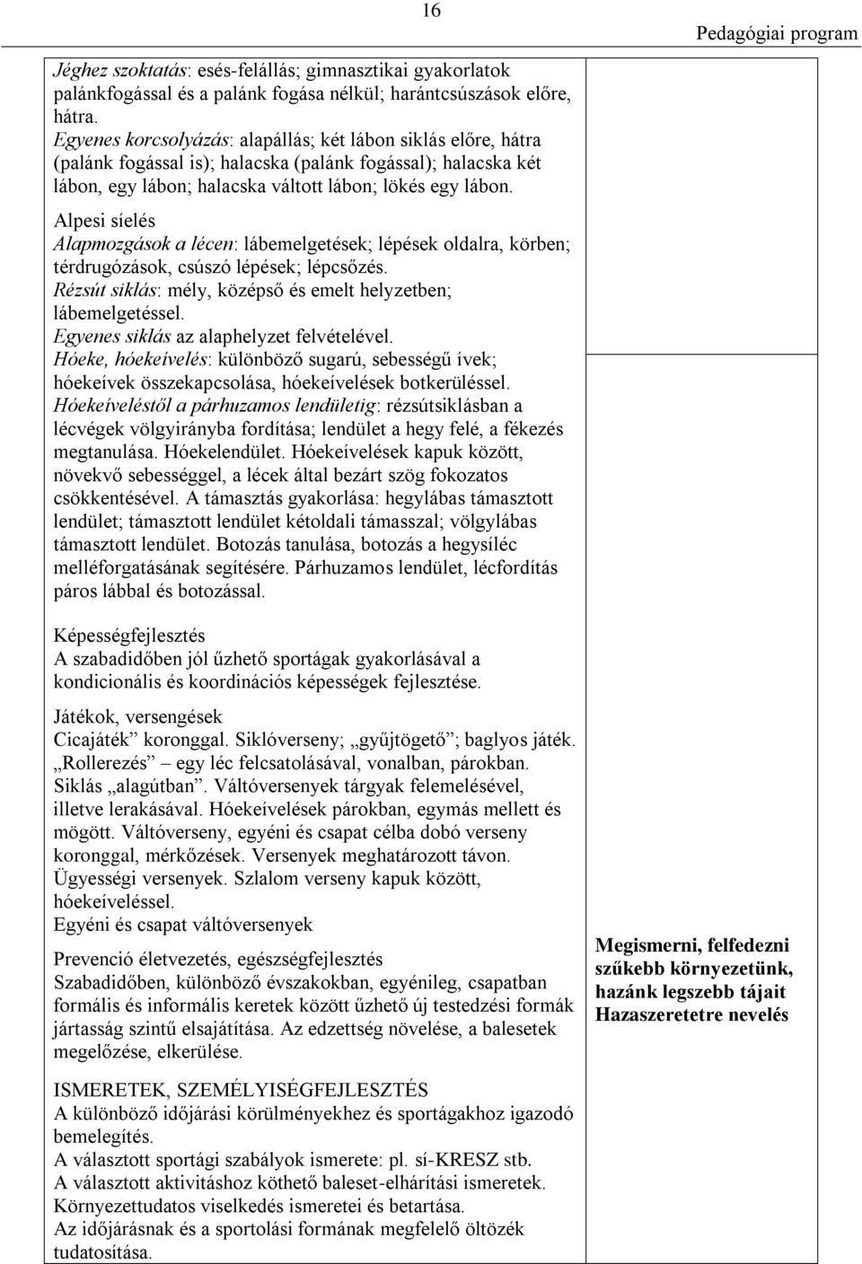 Alpesi síelés Alapmozgások a lécen: lábemelgetések; lépések oldalra, körben; térdrugózások, csúszó lépések; lépcsőzés. Rézsút siklás: mély, középső és emelt helyzetben; lábemelgetéssel.