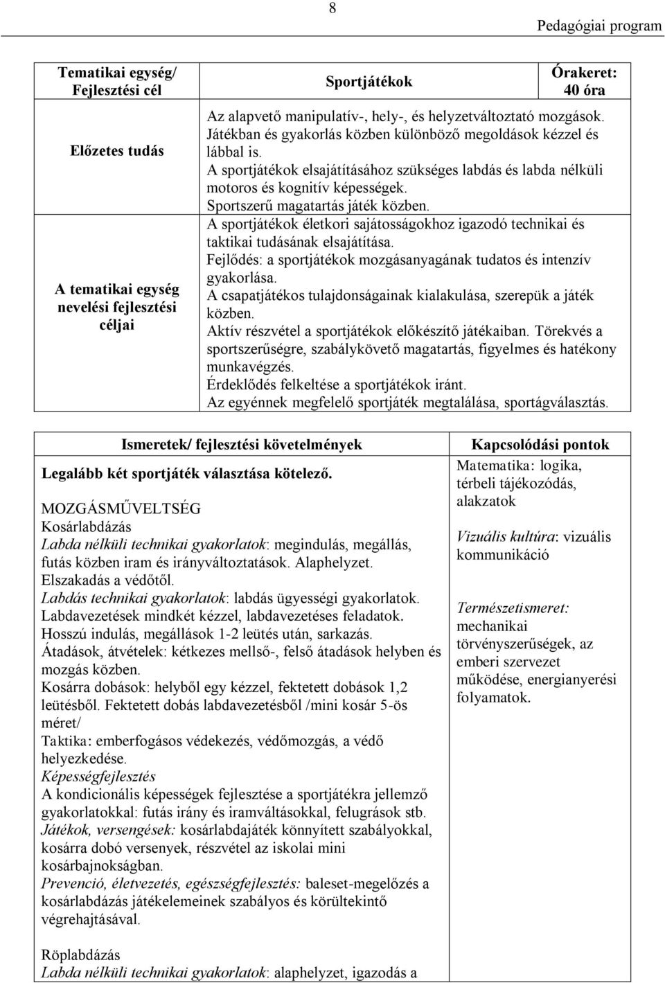 Sportszerű magatartás játék közben. A sportjátékok életkori sajátosságokhoz igazodó technikai és taktikai tudásának elsajátítása.