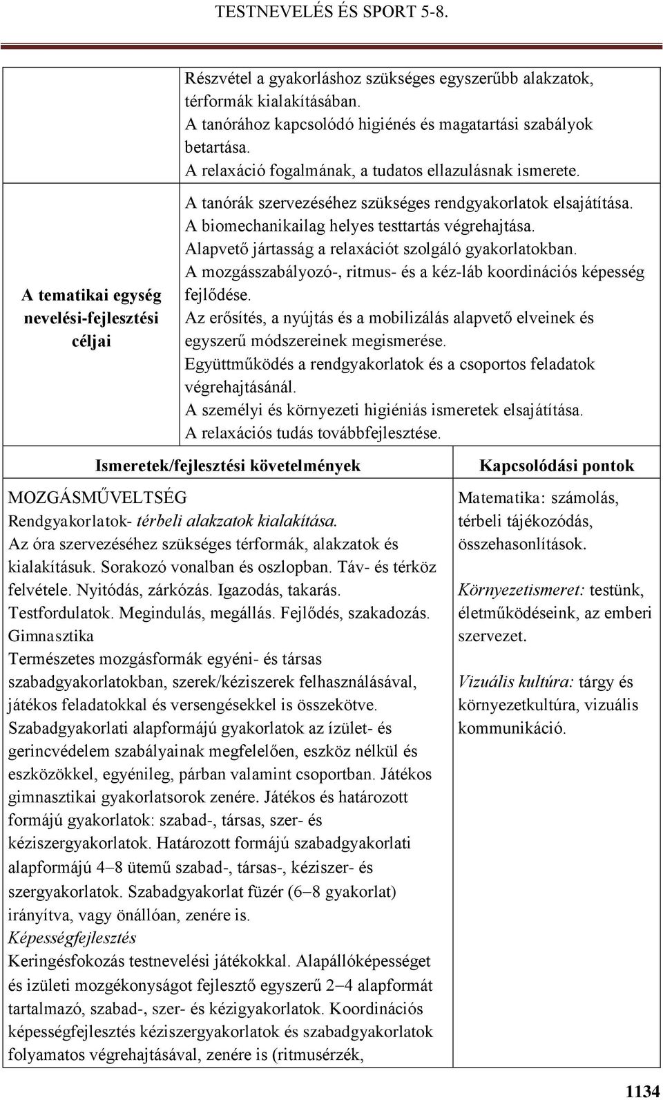 A biomechanikailag helyes testtartás végrehajtása. Alapvető jártasság a relaxációt szolgáló gyakorlatokban. A mozgásszabályozó-, ritmus- és a kéz-láb koordinációs képesség fejlődése.