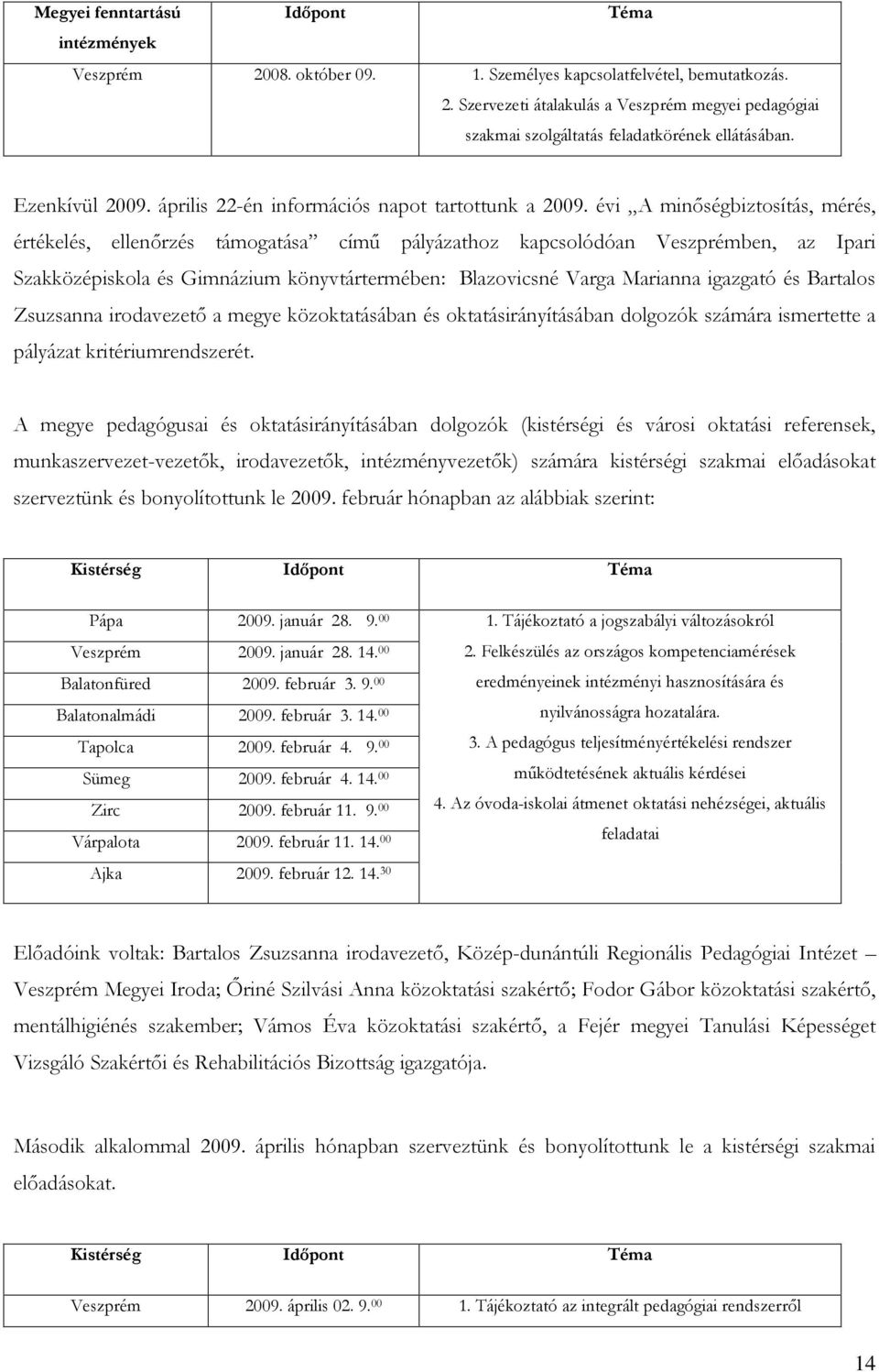 évi A minőségbiztosítás, mérés, értékelés, ellenőrzés támogatása című pályázathoz kapcsolódóan Veszprémben, az Ipari Szakközépiskola és Gimnázium könyvtártermében: Blazovicsné Varga Marianna igazgató