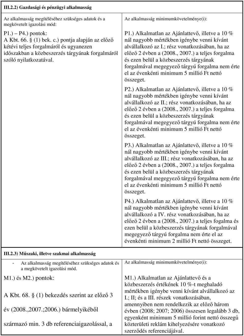 3) Műszaki, illetve szakmai alkalmasság - Az alkalmasság megítéléséhez szükséges adatok és a megkövetelt igazolási mód. M1.) és M2.) pontok: A Kbt. 68. (1) bekezdés szerint az előző 3 év (2008.,2007.