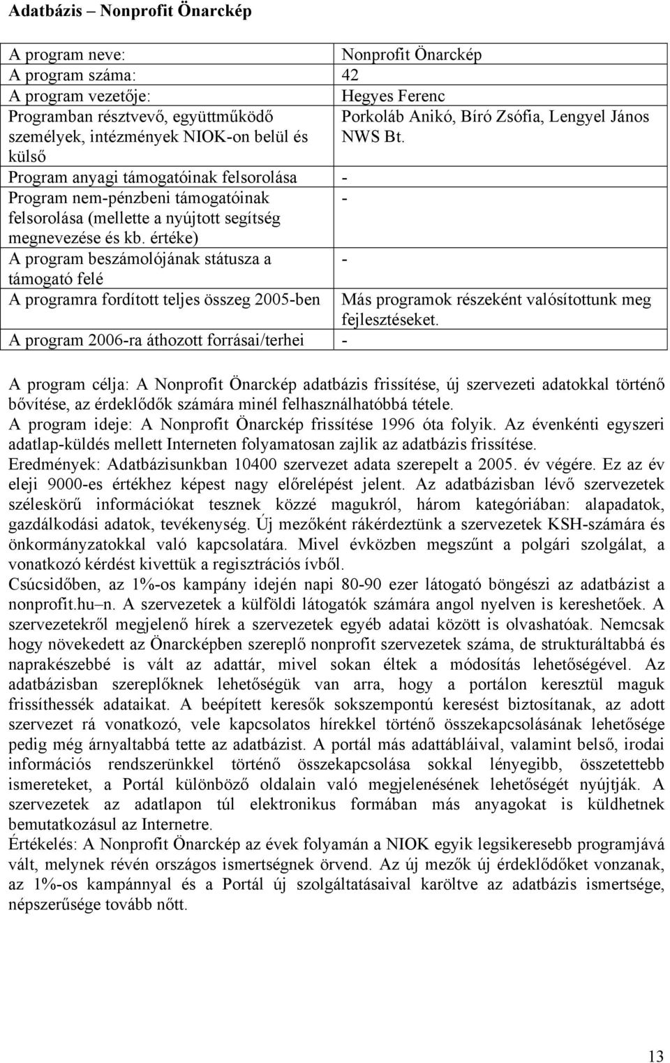 értéke) A program beszámolójának státusza a - támogató felé A programra fordított teljes összeg 2005-ben A program 2006-ra áthozott forrásai/terhei - Más programok részeként valósítottunk meg