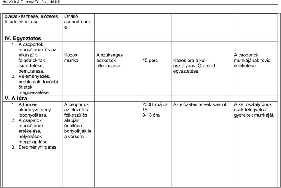 3. Eredményhirdetés Közös munka A csoportok az előzetes felkészülés alapján önállóan bonyolítják le a versenyt. A szükséges eszközök ellenőrzése.