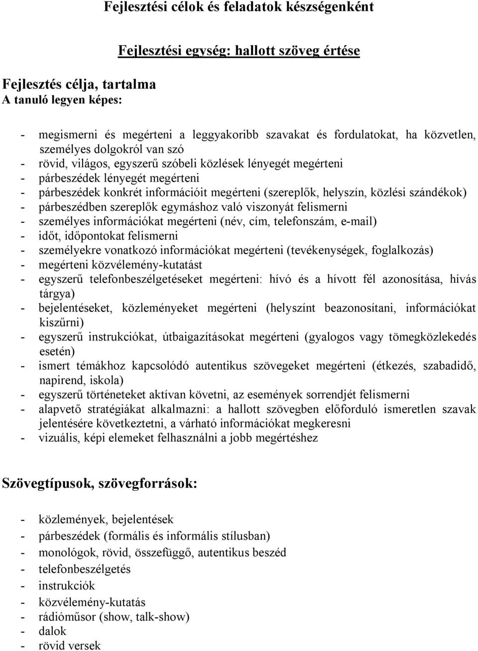 (szereplők, helyszín, közlési szándékok) - párbeszédben szereplők egymáshoz való viszonyát felismerni - személyes információkat megérteni (név, cím, telefonszám, e-mail) - időt, időpontokat