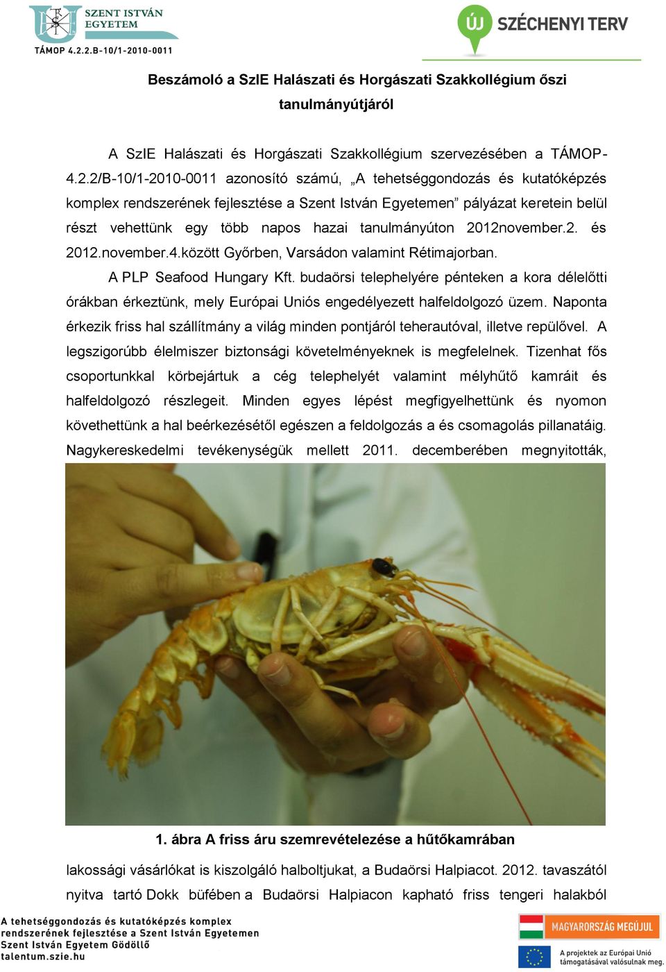 tanulmányúton 2012november.2. és 2012.november.4.között Győrben, Varsádon valamint Rétimajorban. A PLP Seafood Hungary Kft.
