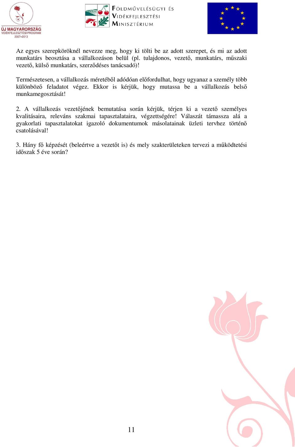 Természetesen, a vállalkozás méretébıl adódóan elıfordulhat, hogy ugyanaz a személy több különbözı feladatot végez. Ekkor is kérjük, hogy mutassa be a vállalkozás belsı munkamegosztását! 2.