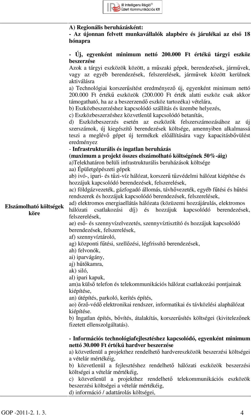 Technológiai korszerűsítést eredményező új, egyenként minimum nettó 200.000 Ft értékű eszközök (200.