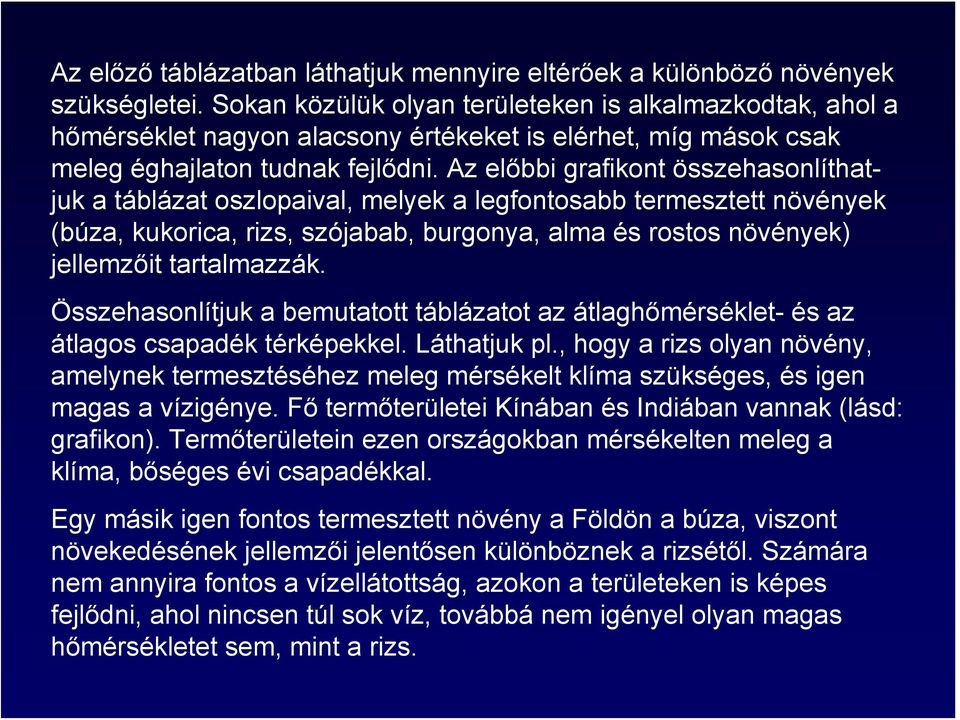 Az előbbi grafikont összehasonlíthatjuk a táblázat oszlopaival, melyek a legfontosabb termesztett növények (búza, kukorica, rizs, szójabab, burgonya, alma és rostos növények) jellemzőit tartalmazzák.