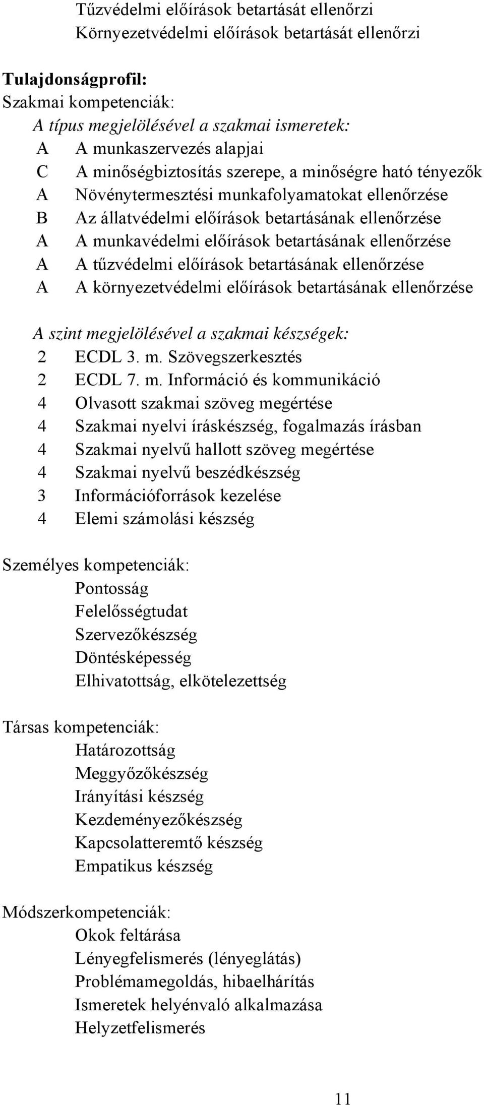 betartásának ellenőrzése A A tűzvédelmi előírások betartásának ellenőrzése A A környezetvédelmi előírások betartásának ellenőrzése A szint megjelölésével a szakmai készségek: 2 EDL 3. m. Szövegszerkesztés 2 EDL 7.