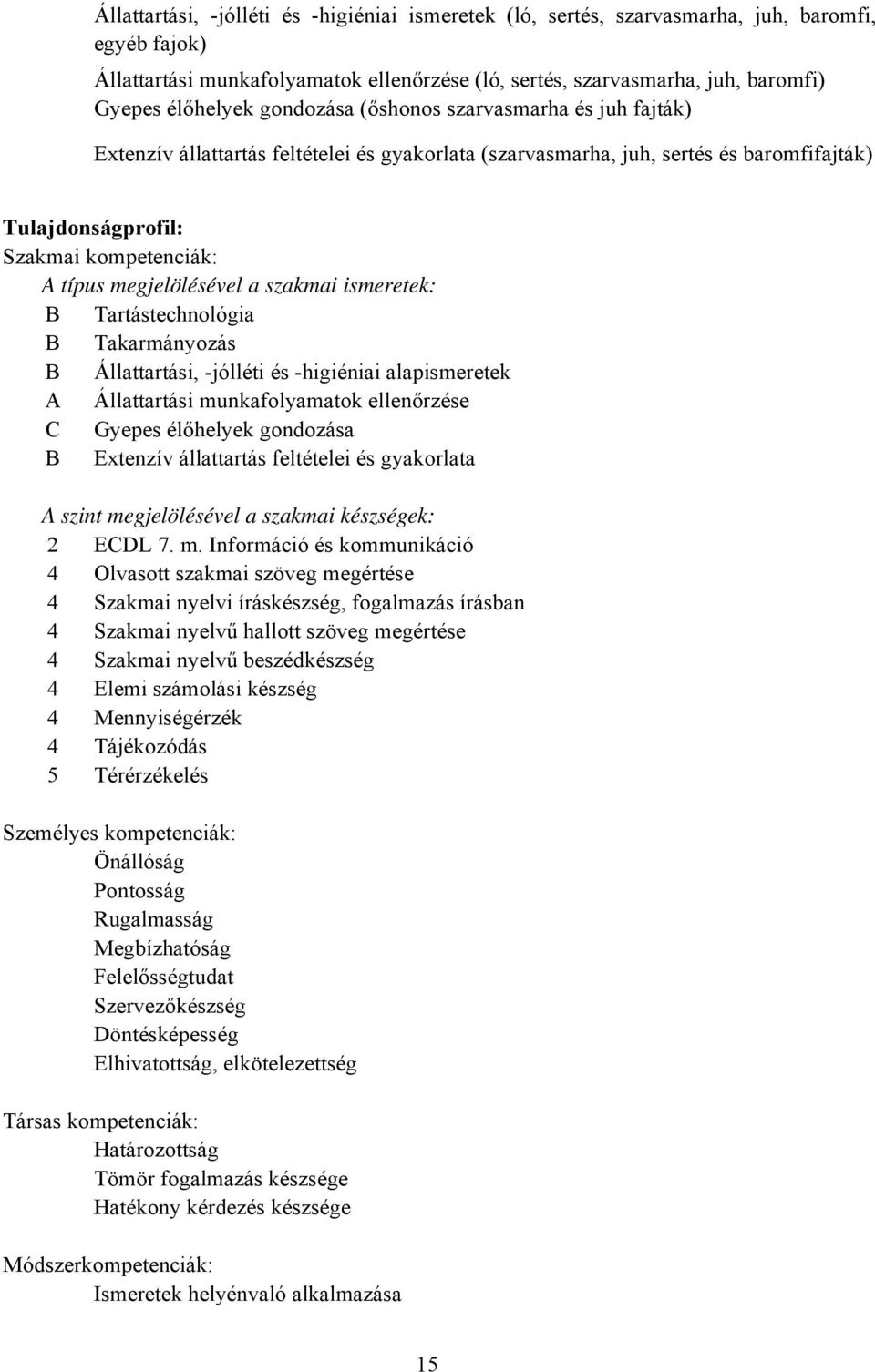 megjelölésével a szakmai ismeretek: Tartástechnológia Takarmányozás Állattartási, -jólléti és -higiéniai alapismeretek A Állattartási munkafolyamatok ellenőrzése Gyepes élőhelyek gondozása Extenzív