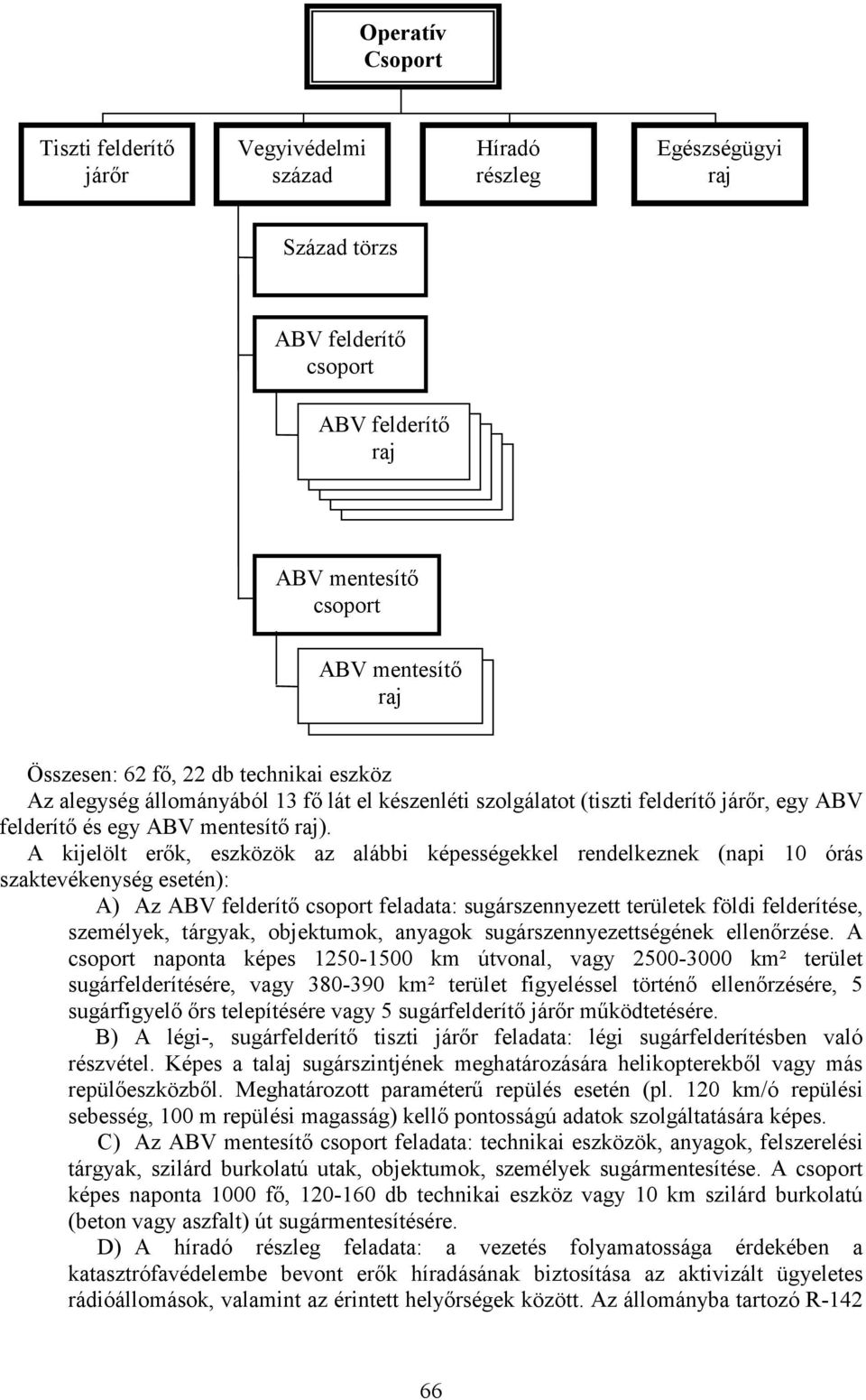 A kijelölt erők, eszközök az alábbi képességekkel rendelkeznek (napi 10 órás szaktevékenység esetén): A) Az ABV felderítő csoport feladata: sugárszennyezett területek földi felderítése, személyek,