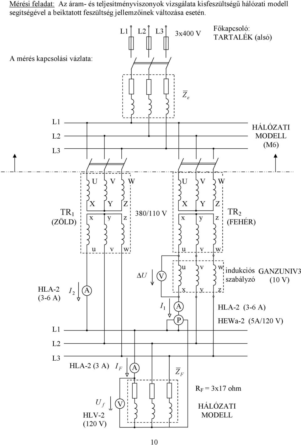 L L L3 3x4 V Főkapcsoló: TRTLÉK (alsó mérés kapcsolási vázlata: L L L3 HÁLÓT MODELL (M6 V W V W TR TR