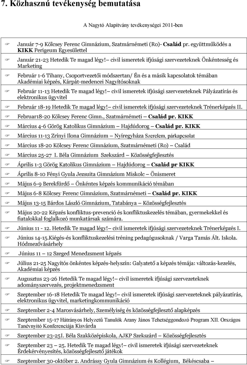 civil ismeretek ifjúsági szervezeteknek Önkéntesség és Marketing Február 1-6 Tihany, Csoportvezetői módszertan/ Én és a másik kapcsolatok témában Akadémiai képzés, Kárpát-medencei Nagyítósoknak