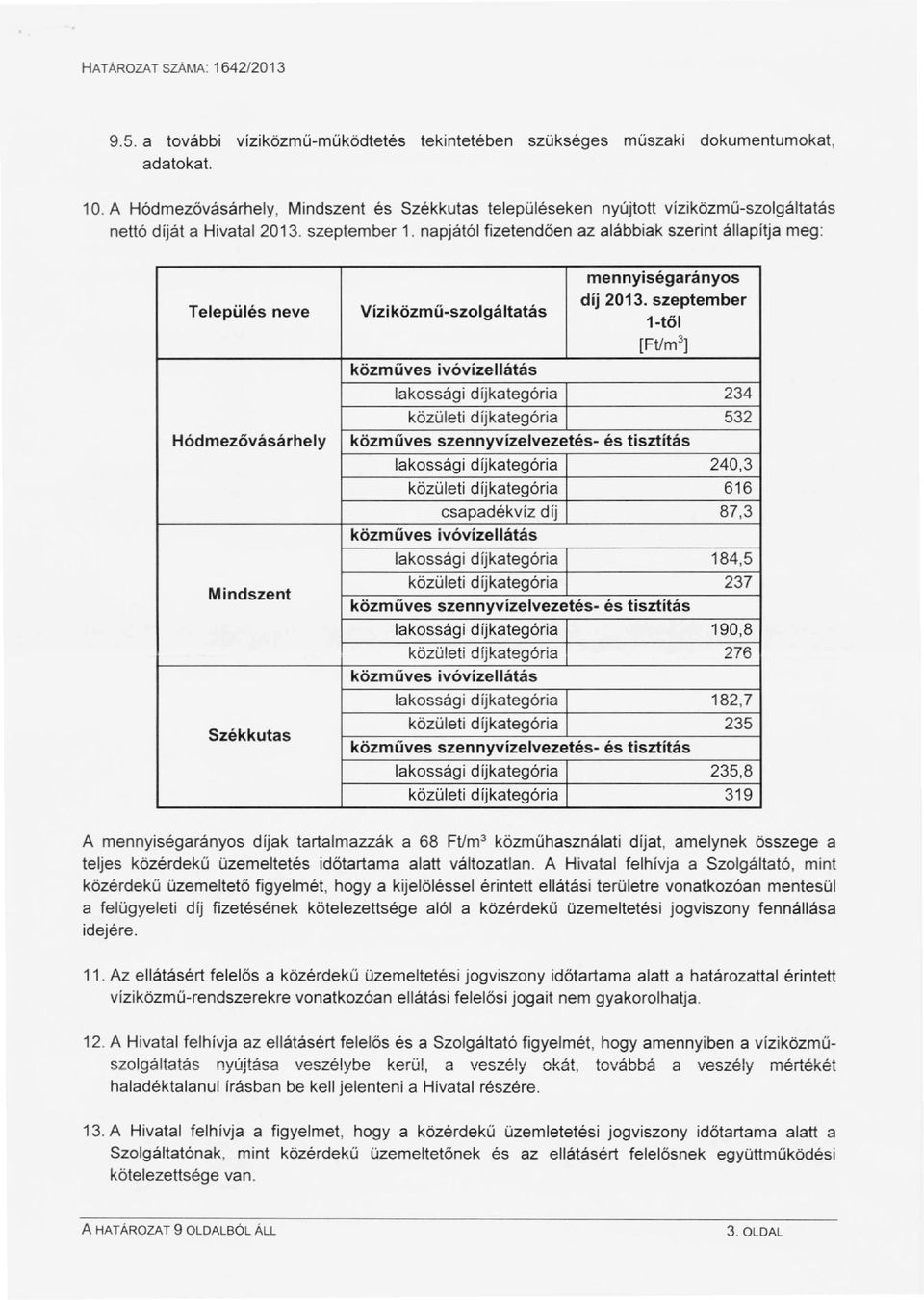 napjától fizetendően az alábbiak szerint állapítja meg: Település neve Vízí kőzm ű-szolgá Ita tás mennyiségarányos díj 2013.