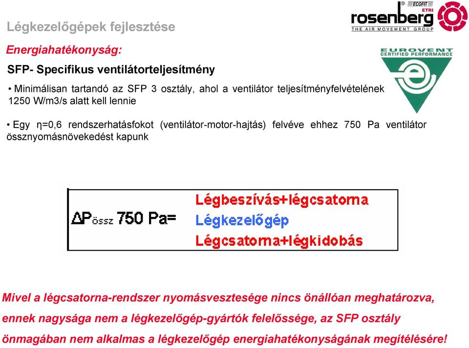 750 Pa ventilátor össznyomásnövekedést kapunk Mivel a légcsatorna-rendszer nyomásvesztesége nincs önállóan meghatározva, ennek