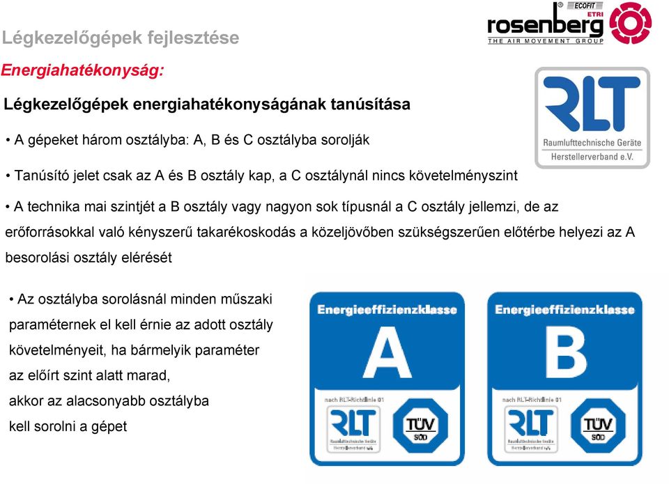 való kényszerű takarékoskodás a közeljövőben szükségszerűen előtérbe helyezi az A besorolási osztály elérését Az osztályba sorolásnál minden műszaki