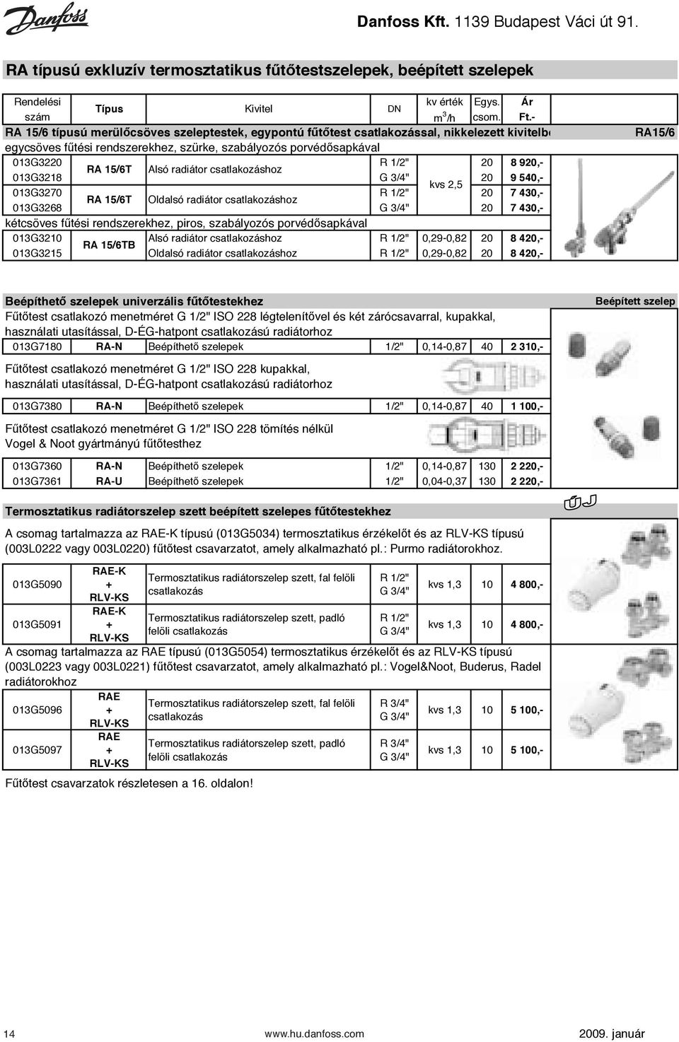 Ár RA 2982 Típus és csavarzatok beépített szelepes radiát Kivitel DN szám Összefoglaló táblázat m 3 /h csom. gyártók szerint Ft.- RA 3300 11 RA 15/6 típusú merül!csöves szeleptestek, egypontú f"t!