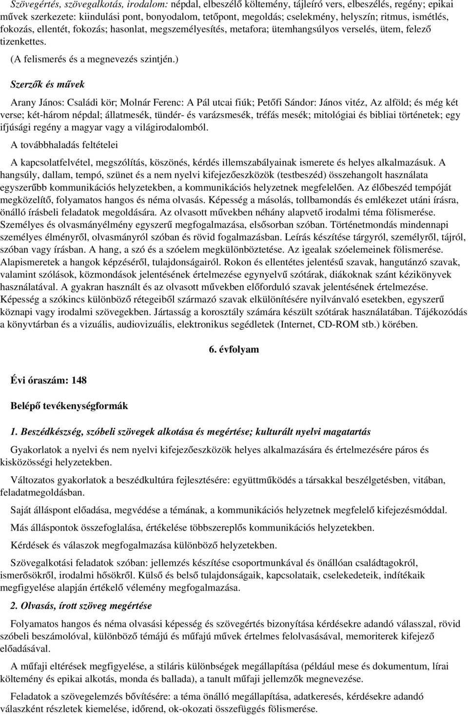 ) Szerzők és művek Arany János: Családi kör; Molnár Ferenc: A Pál utcai fiúk; Petőfi Sándor: János vitéz, Az alföld; és még két verse; két három népdal; állatmesék, tündér és varázsmesék, tréfás