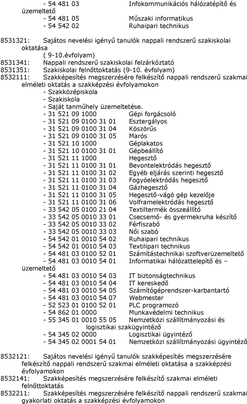 évfolyam) 8532111: Szakképesítés megszerzésére felkészítő nappali rendszerű szakmai elméleti oktatás a szakképzési évfolyamokon - Szakközépiskola - Szakiskola - Saját tanműhely üzemeltetése.