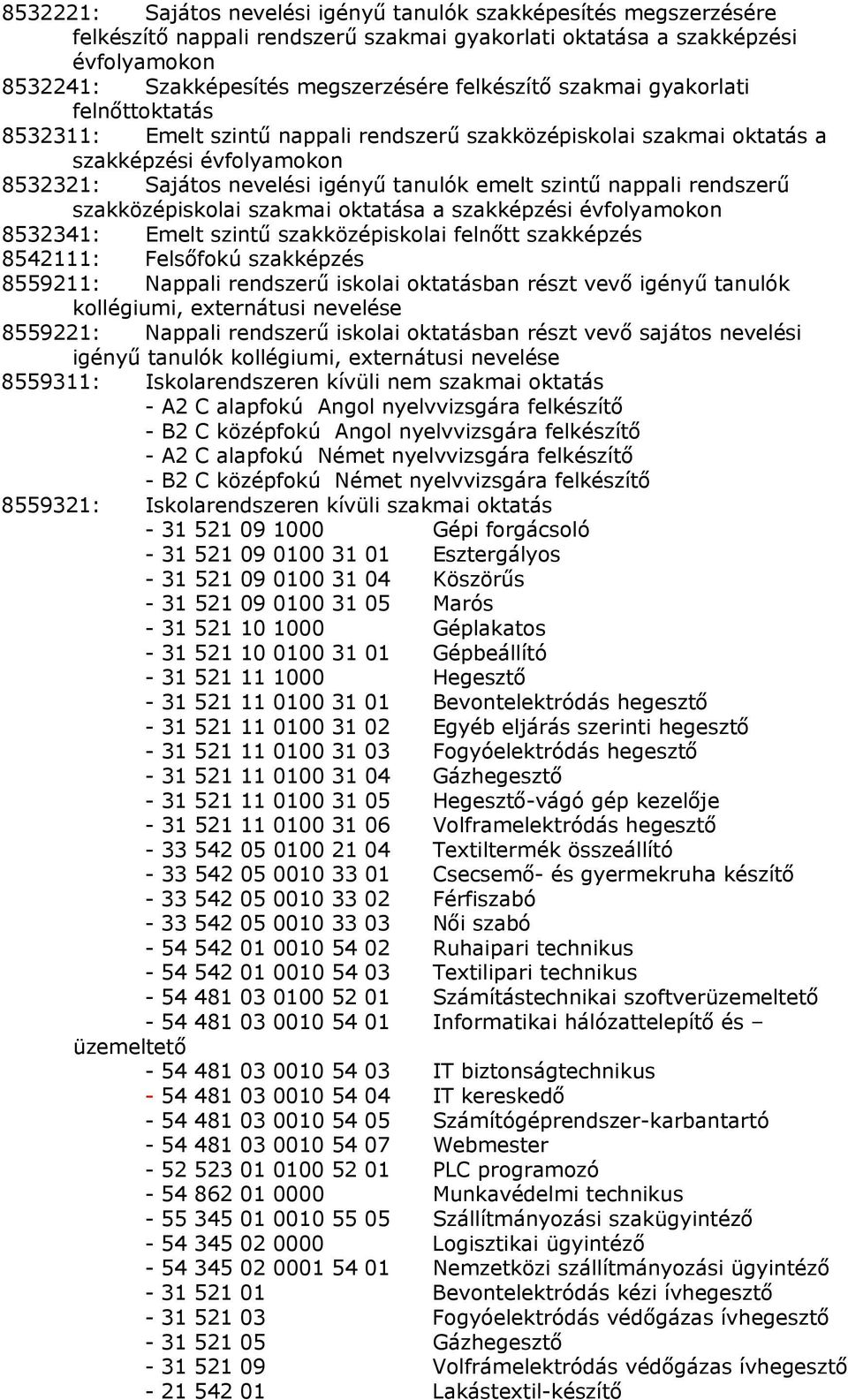 nappali rendszerű szakközépiskolai szakmai oktatása a szakképzési évfolyamokon 8532341: Emelt szintű szakközépiskolai felnőtt szakképzés 8542111: Felsőfokú szakképzés 8559211: Nappali rendszerű